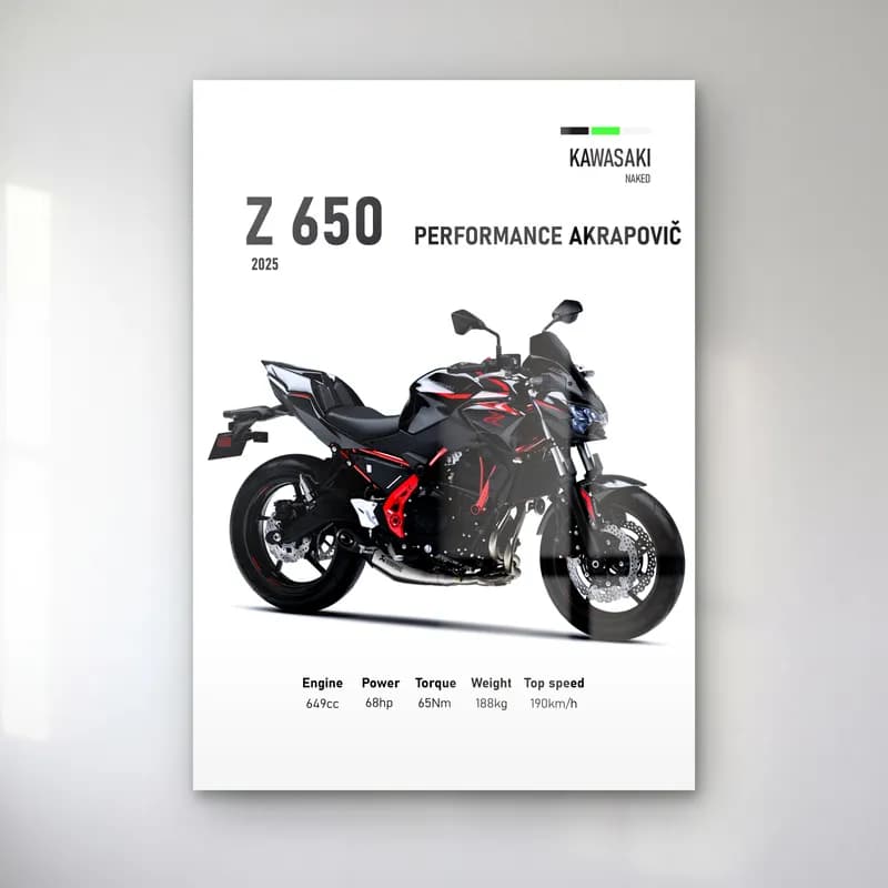 Kawasaki Z 650 Performance Akrapovič 2025 cam tablo — Beyaz zeminde siyah kırmızı Kawasaki Z 650 Performance Akrapovič 2025 ve teknik veriler