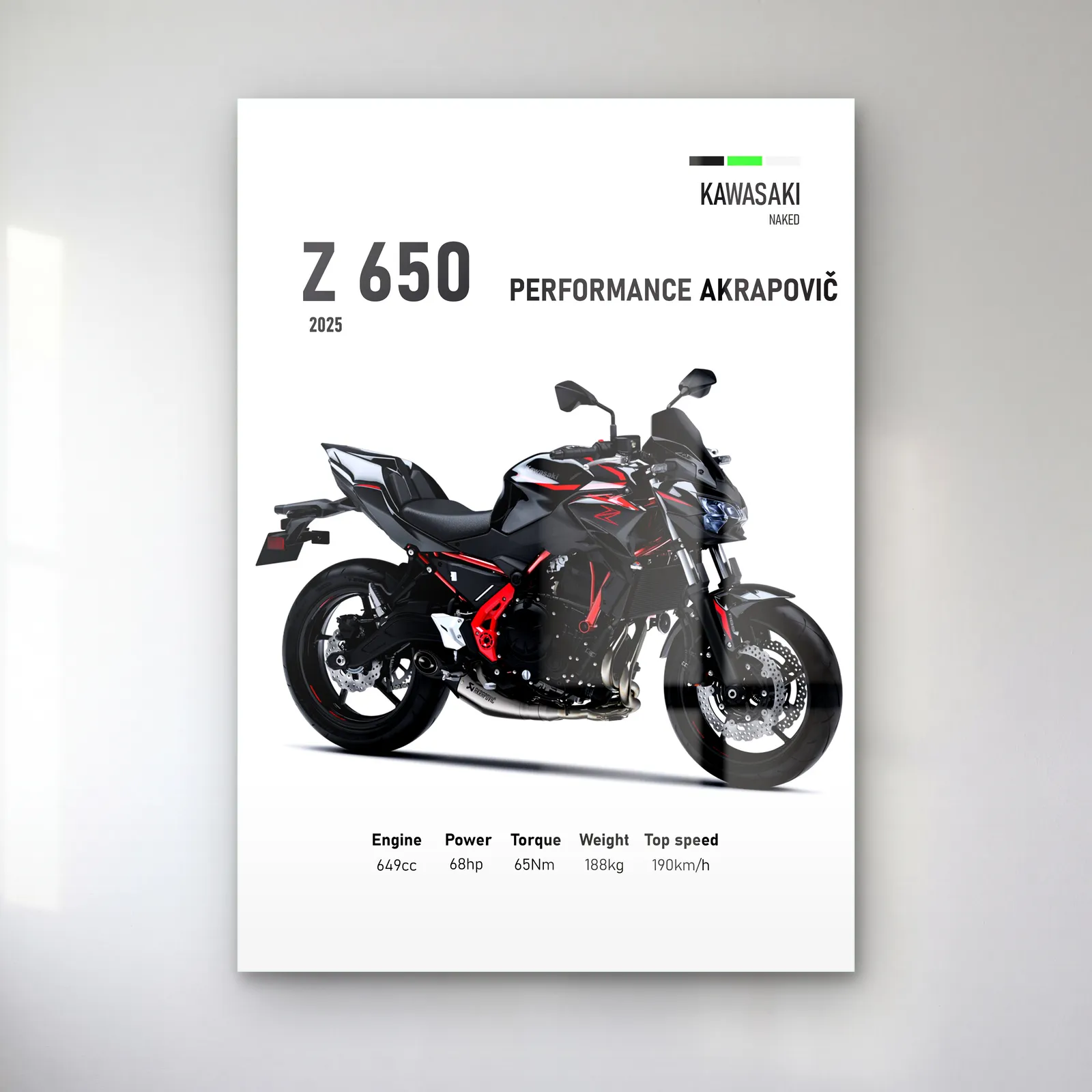 Kawasaki Z 650 Performance Akrapovič 2025 cam tablo — Beyaz zeminde siyah kırmızı Kawasaki Z 650 Performance Akrapovič 2025 ve teknik veriler