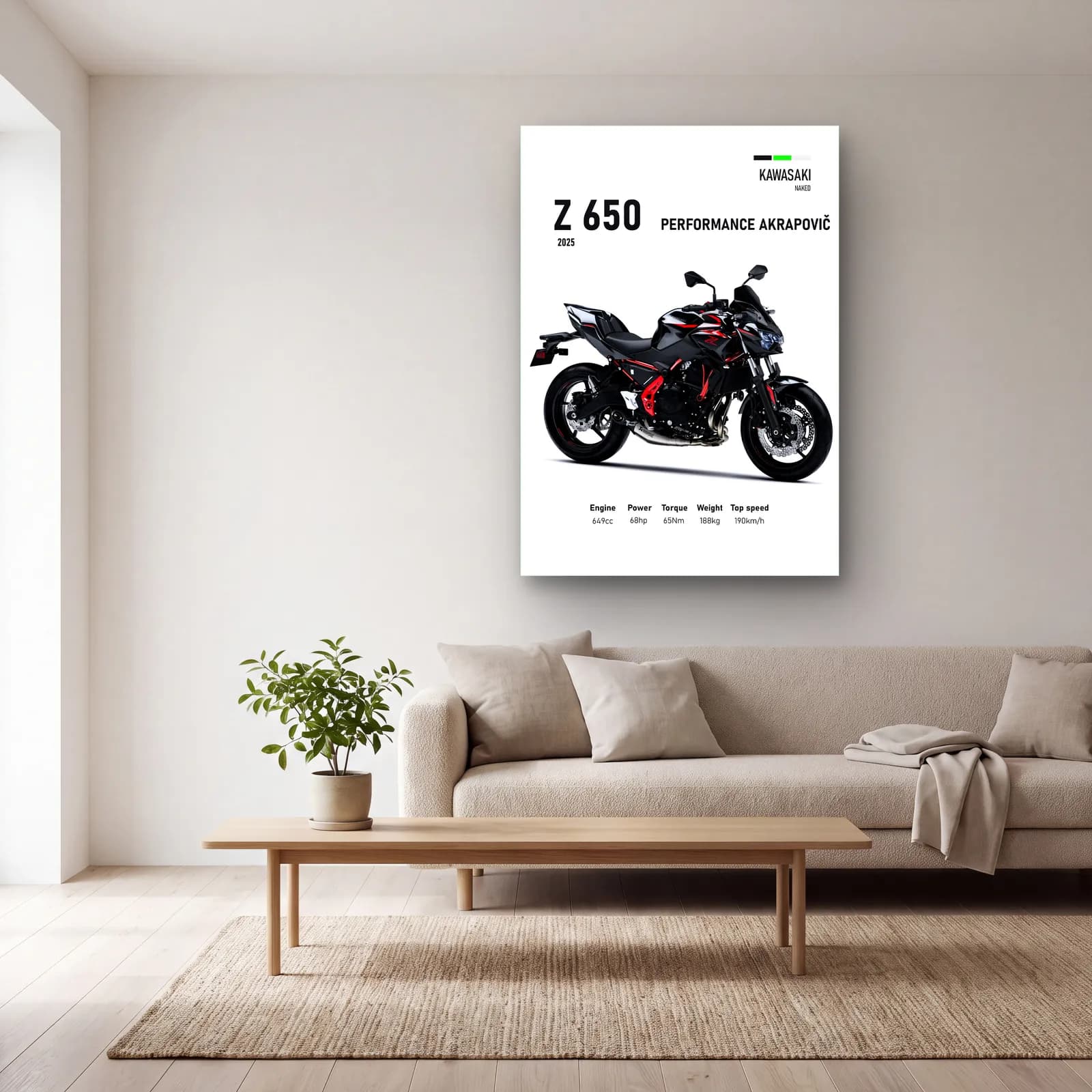 Kawasaki Z 650 Performance Akrapovič 2025 cam tablo — açık renk salonda
