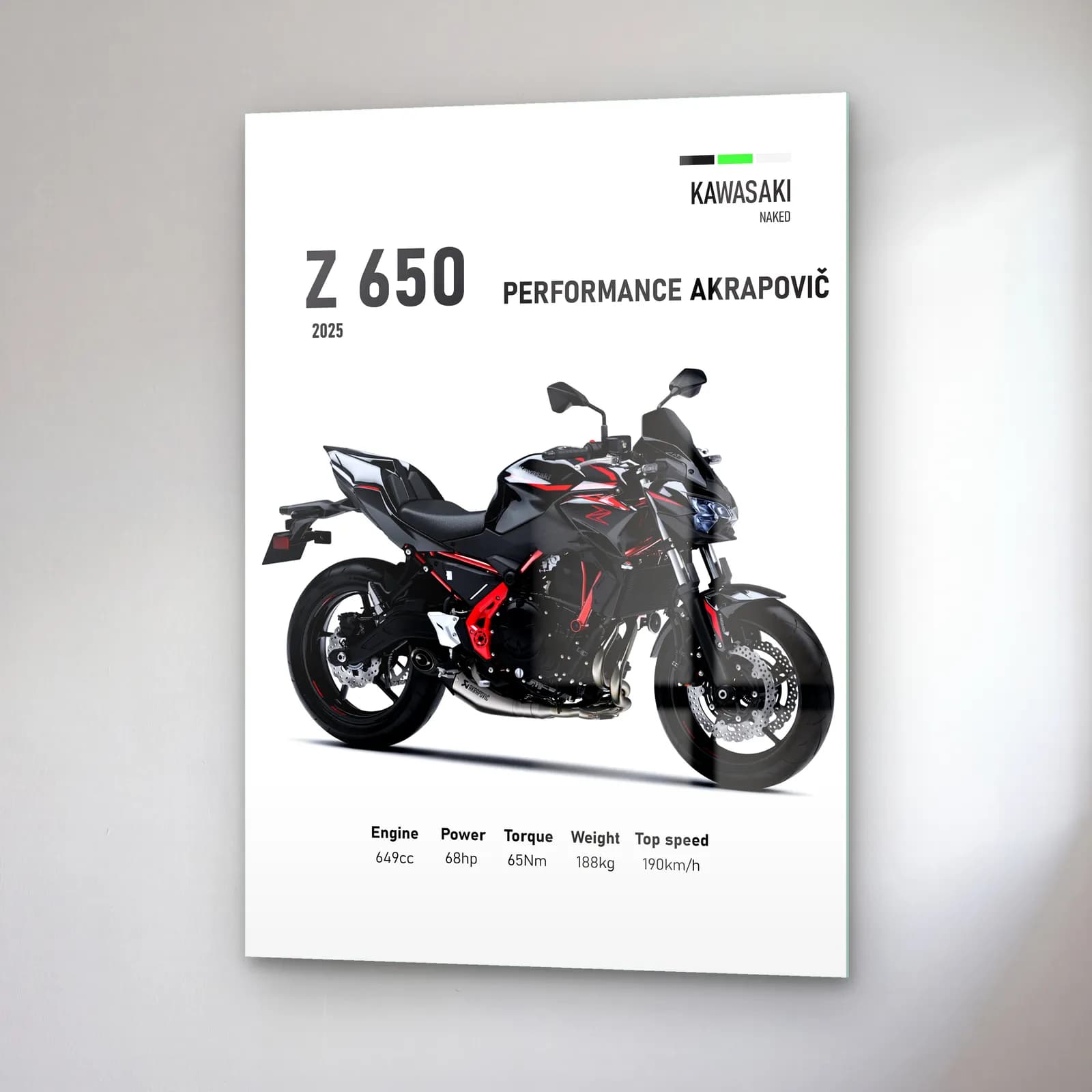 Kawasaki Z 650 Performance Akrapovič 2025 cam tablo — sağ açıdan görünüm