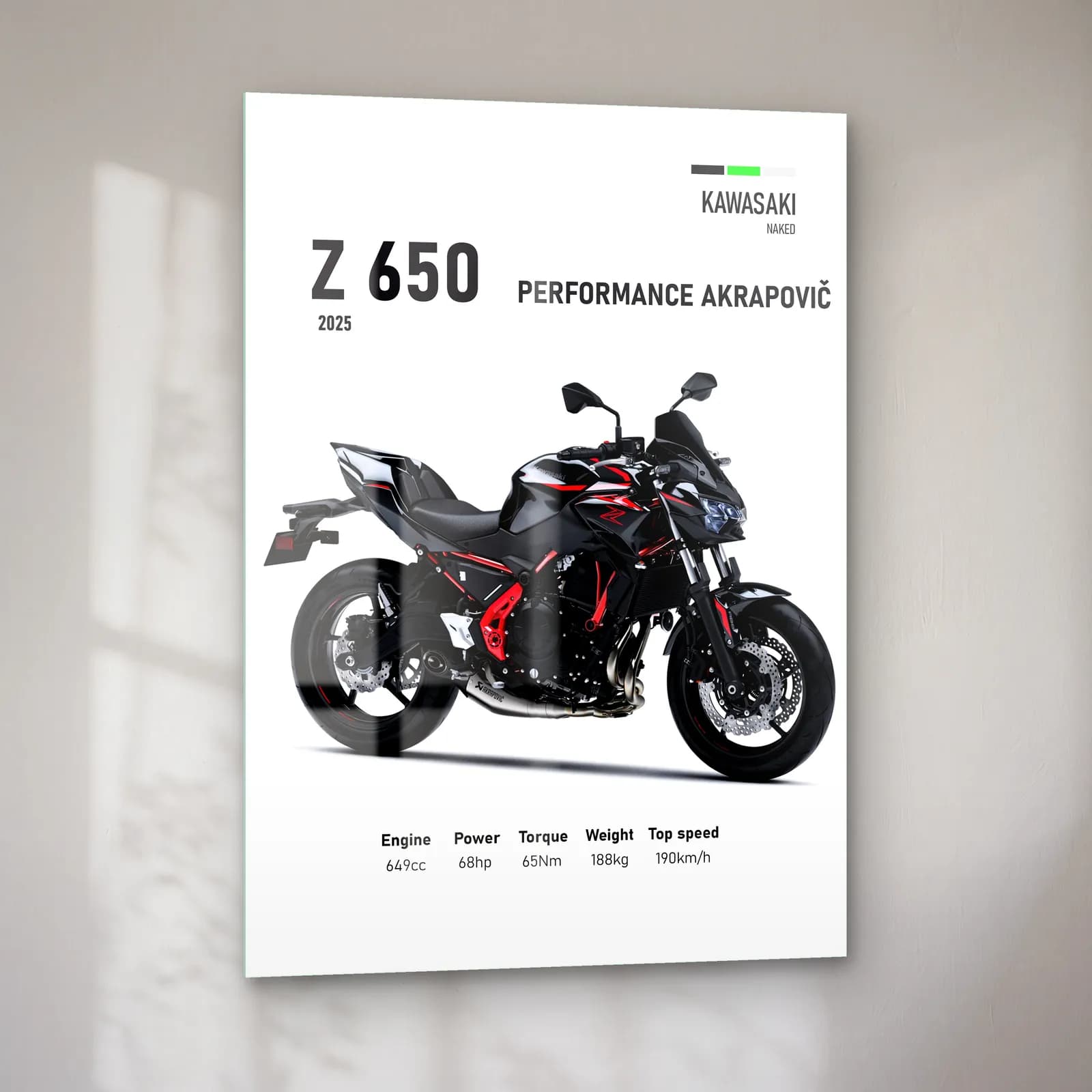Kawasaki Z 650 Performance Akrapovič 2025 cam tablo — sol açıdan görünüm