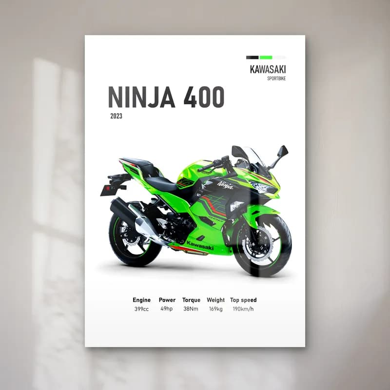 Kawasaki Ninja 400 2023 cam tablo — Beyaz zeminde yeşil siyah Kawasaki Ninja 400 2023 ve teknik veriler