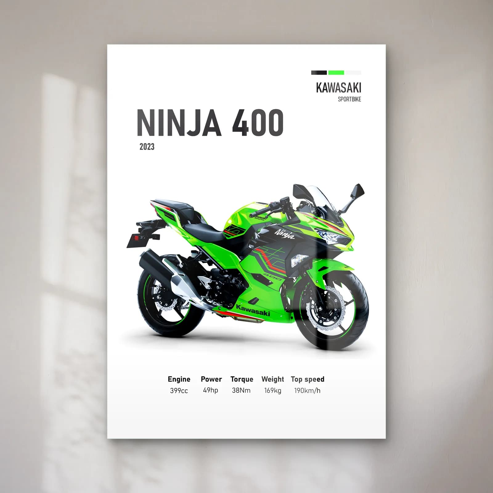 Kawasaki Ninja 400 2023 cam tablo — Beyaz zeminde yeşil siyah Kawasaki Ninja 400 2023 ve teknik veriler