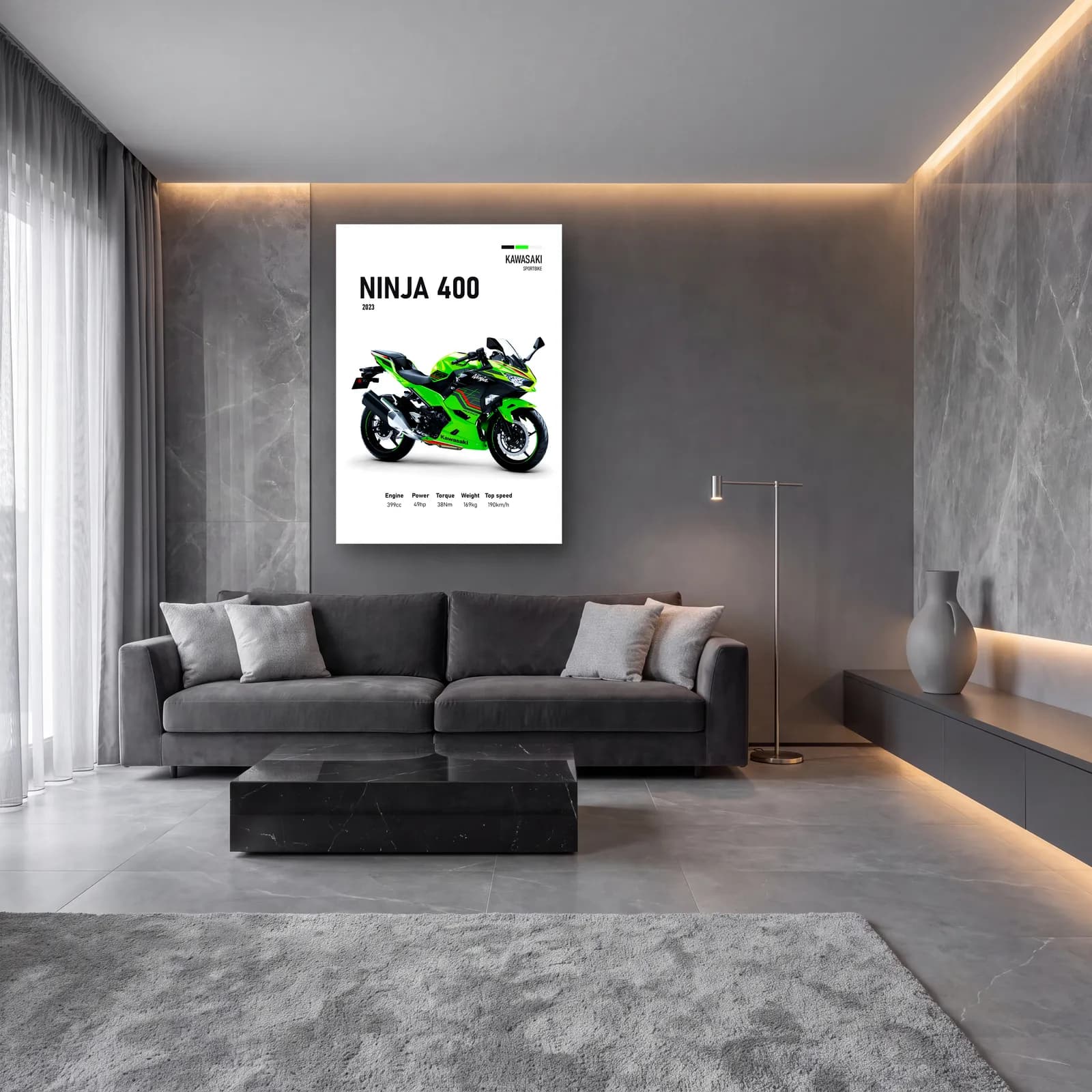 Kawasaki Ninja 400 2023 cam tablo — lüks salon duvarında