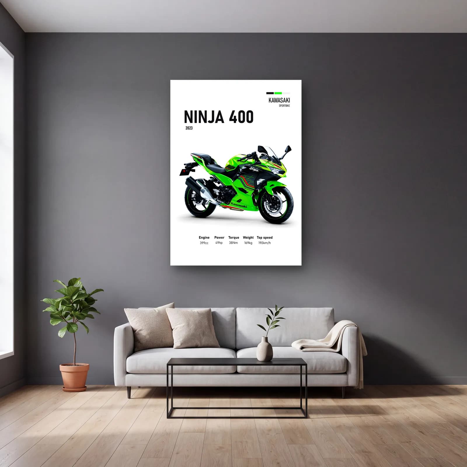 Kawasaki Ninja 400 2023 cam tablo — gri duvarlı salonda