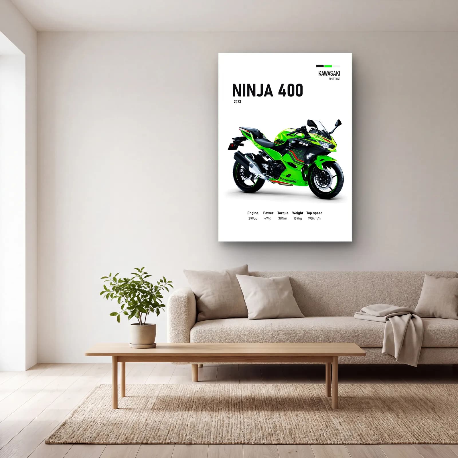 Kawasaki Ninja 400 2023 cam tablo — açık renk salonda