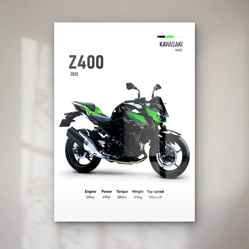 Kawasaki Z400 2023 cam tablo — Beyaz zeminde siyah yeşil Kawasaki Z400 2023 ve teknik veriler