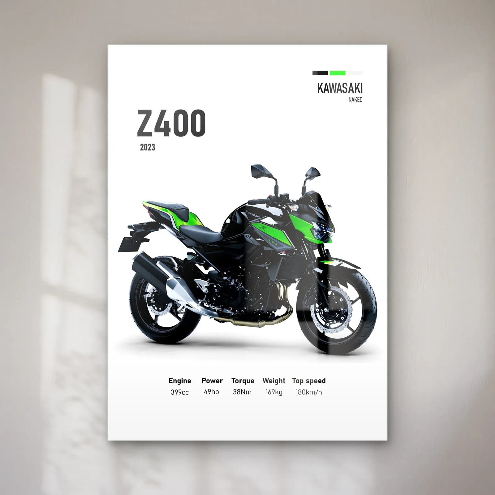 Kawasaki Z400 2023 cam tablo — Beyaz zeminde siyah yeşil Kawasaki Z400 2023 ve teknik veriler
