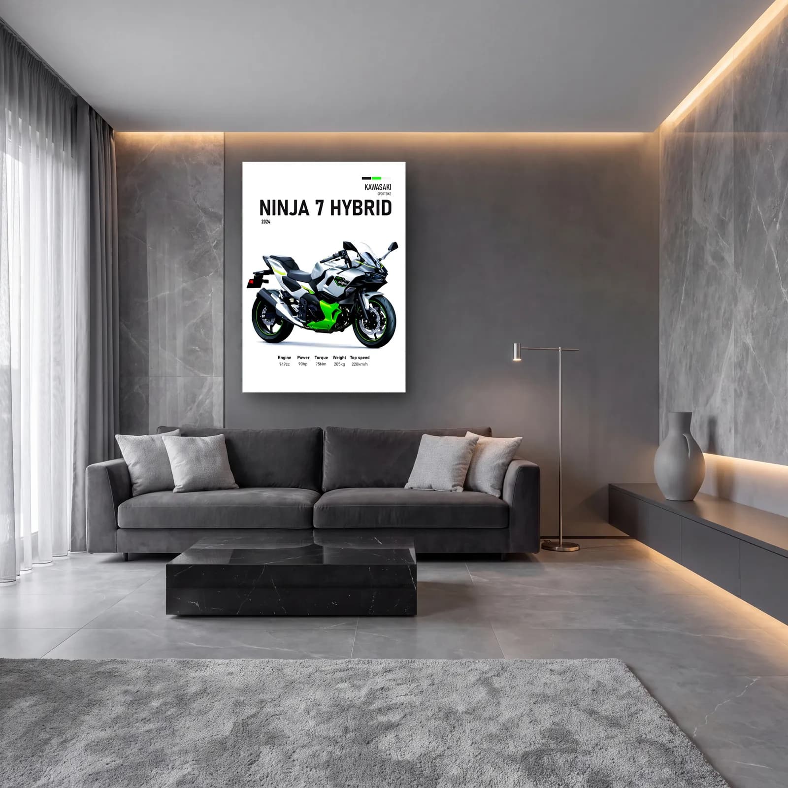Kawasaki Ninja 7 Hybrid 2024 cam tablo — lüks salon duvarında