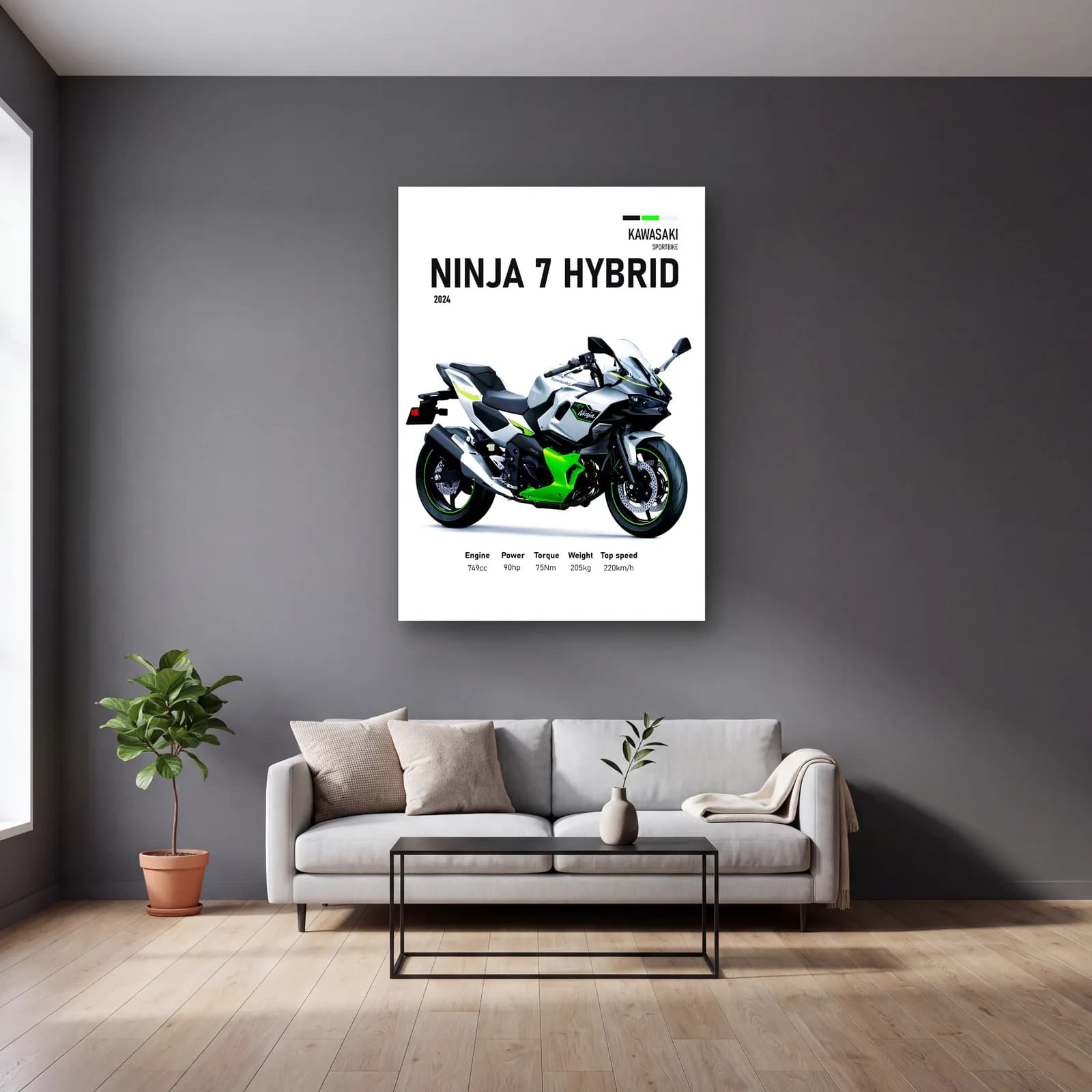 Kawasaki Ninja 7 Hybrid 2024 cam tablo — gri duvarlı salonda