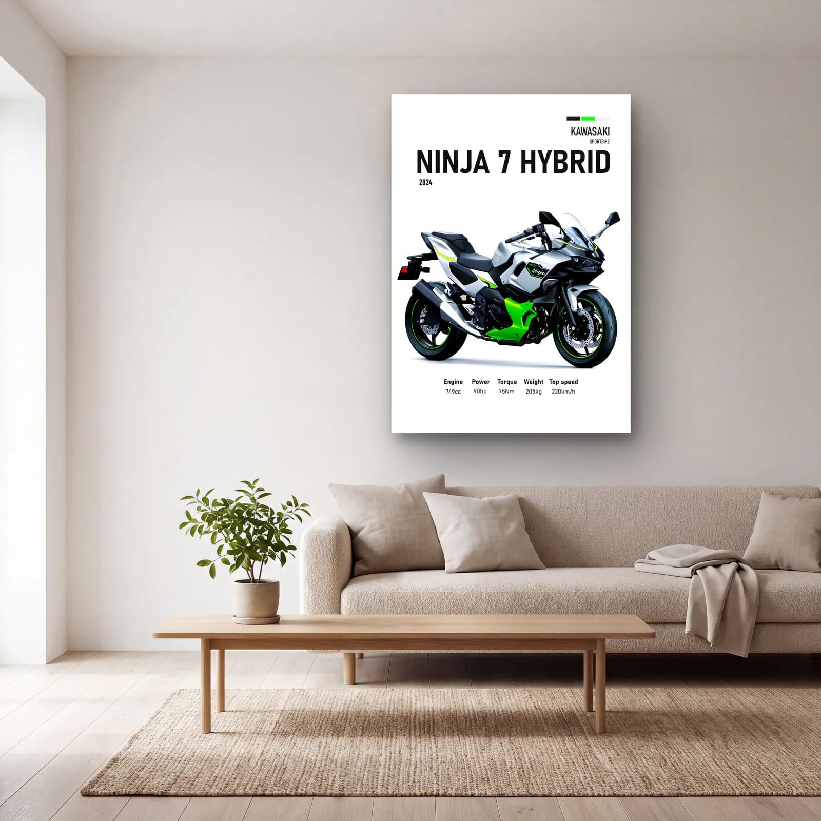 Kawasaki Ninja 7 Hybrid 2024 cam tablo — açık renk salonda