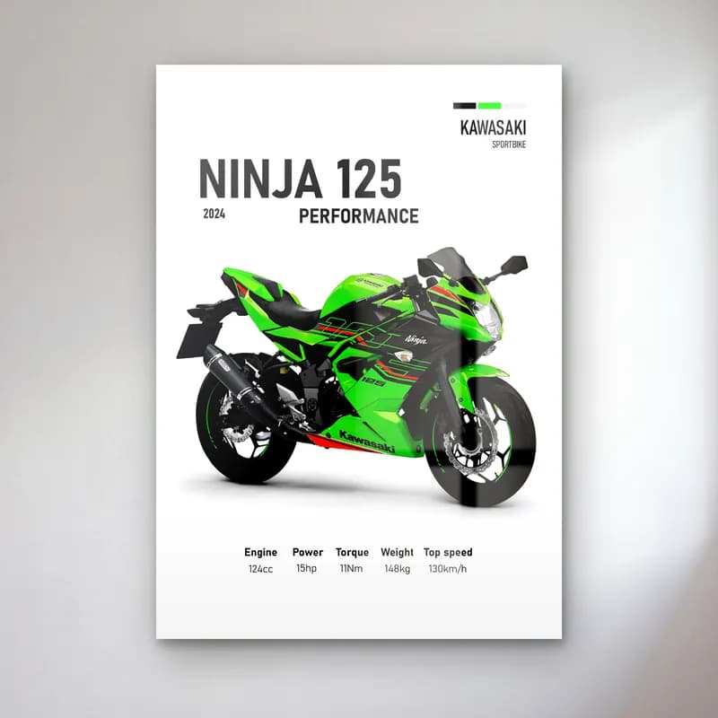 Kawasaki Ninja 125 Performance 2024 cam tablo — Beyaz zeminde yeşil siyah Kawasaki Ninja 125 Performance 2024 ve teknik veriler