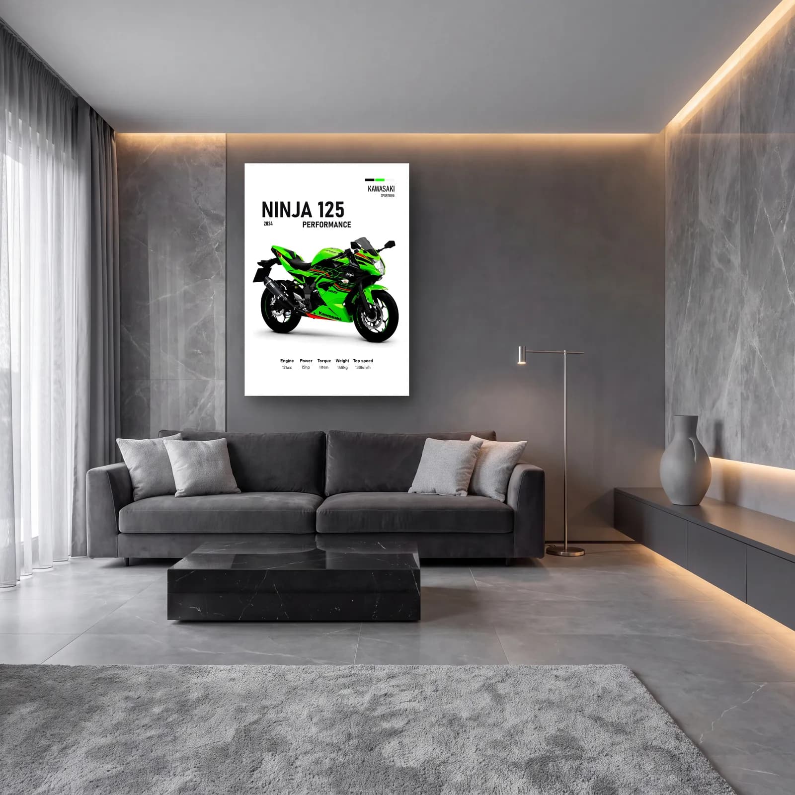 Kawasaki Ninja 125 Performance 2024 cam tablo — lüks salon duvarında