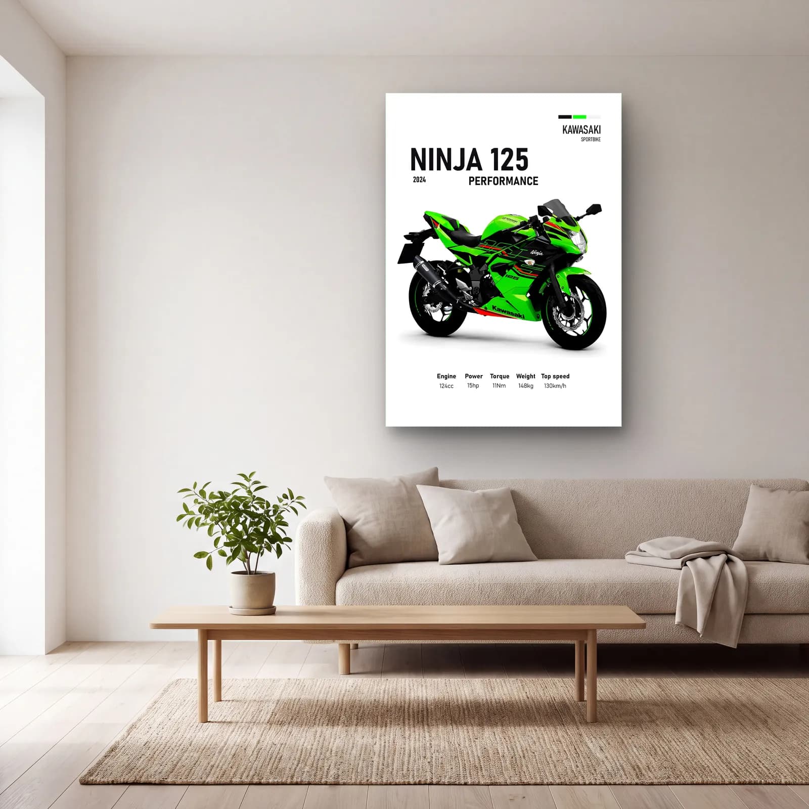 Kawasaki Ninja 125 Performance 2024 cam tablo — açık renk salonda