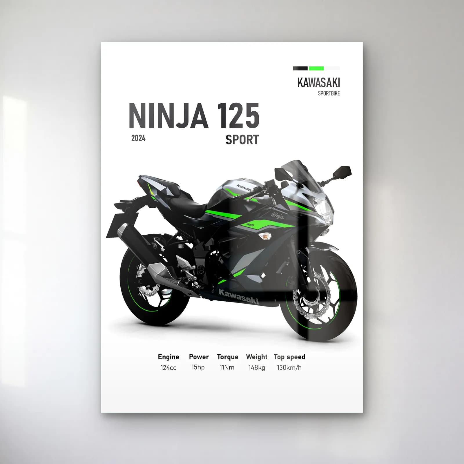Kawasaki Ninja 125 Sport 2024 cam tablo — Beyaz zeminde siyah gri Kawasaki Ninja 125 Sport 2024 ve teknik veriler