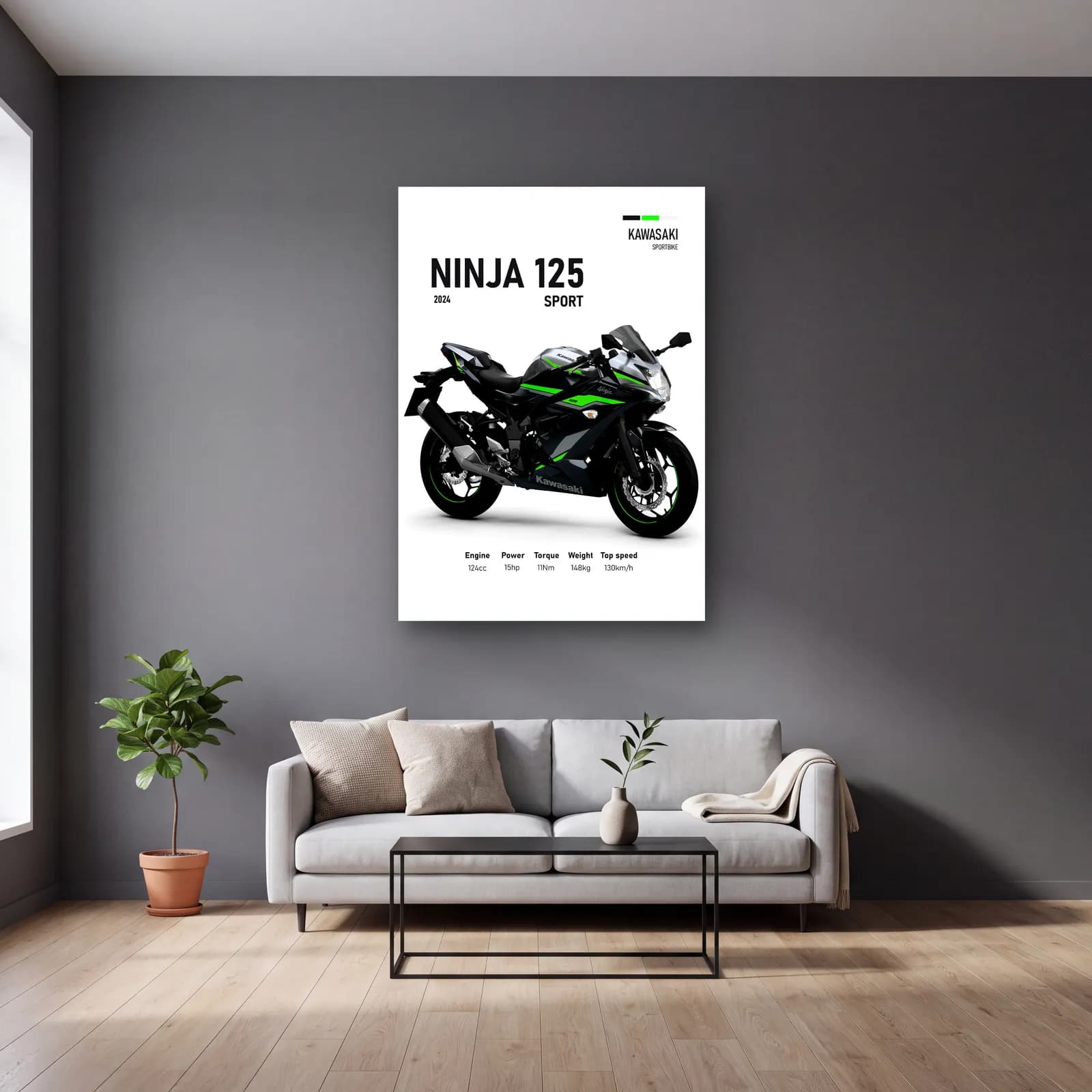 Kawasaki Ninja 125 Sport 2024 cam tablo — gri duvarlı salonda