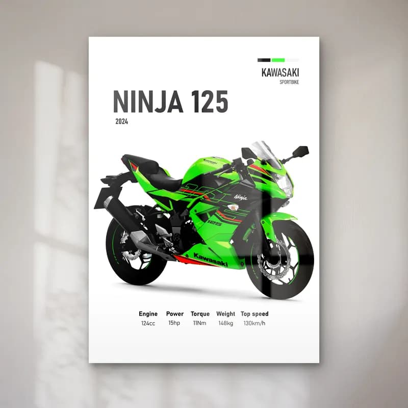 Kawasaki Ninja 125 2024 cam tablo — Beyaz zeminde yeşil siyah Kawasaki Ninja 125 2024 ve teknik veriler