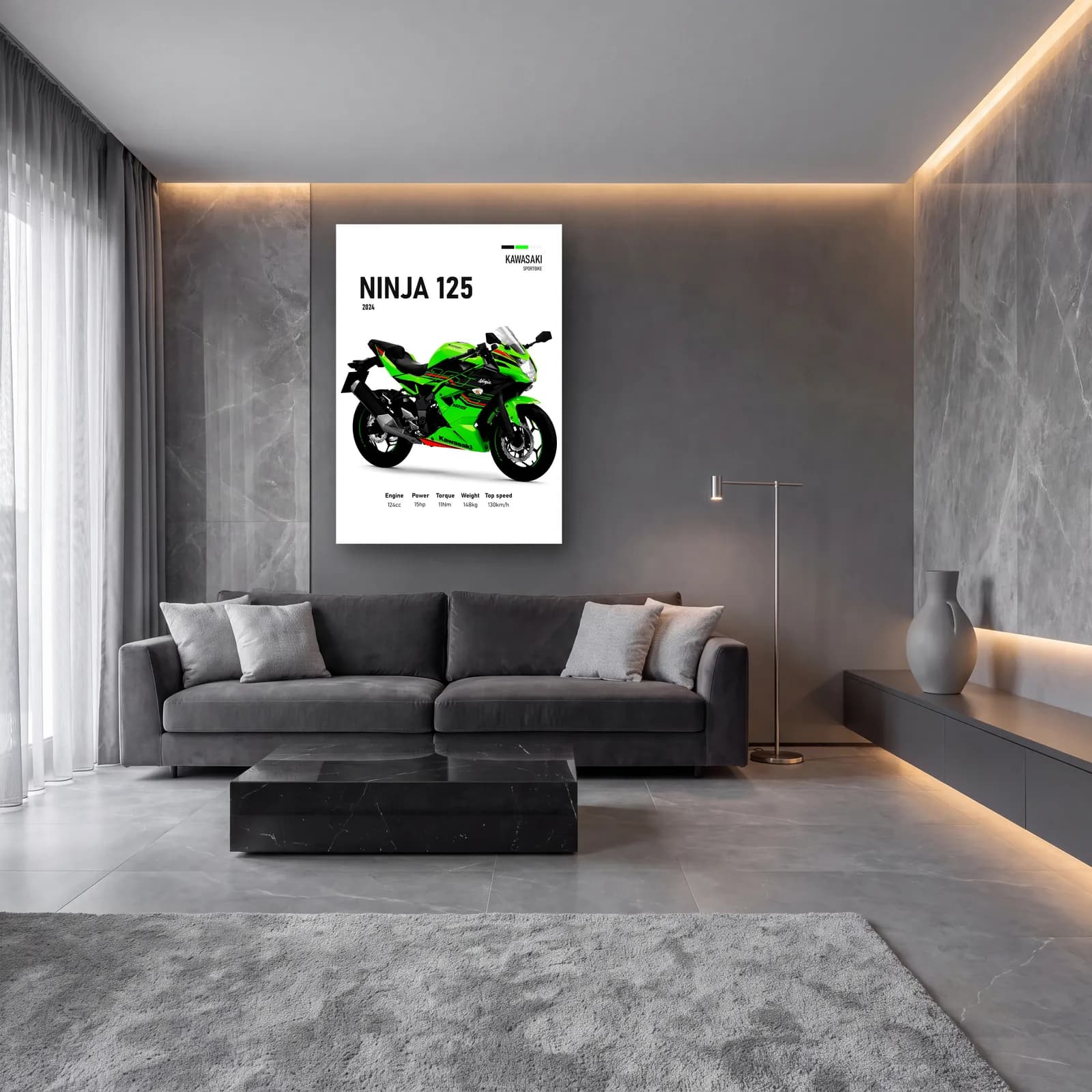 Kawasaki Ninja 125 2024 cam tablo — lüks salon duvarında