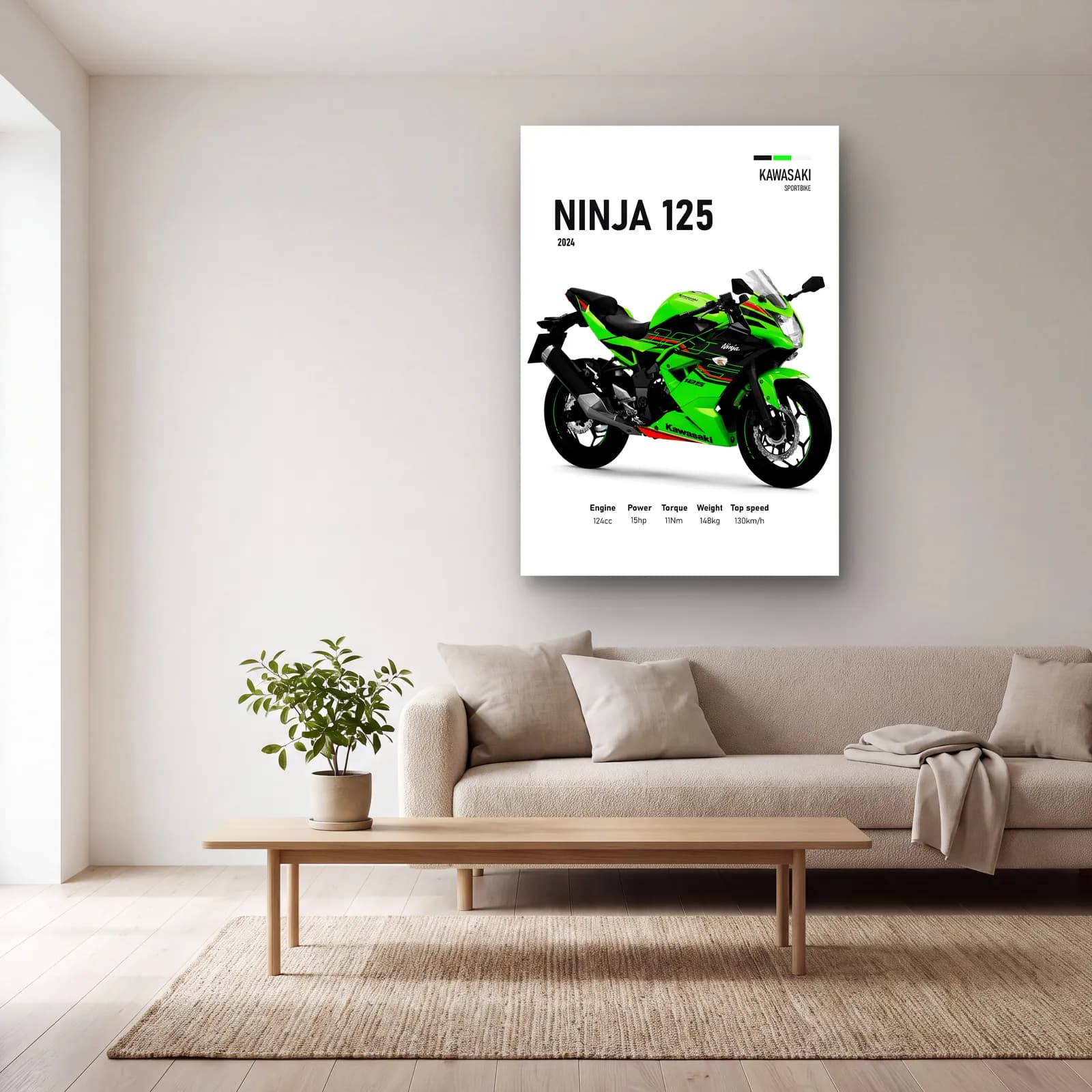 Kawasaki Ninja 125 2024 cam tablo — açık renk salonda
