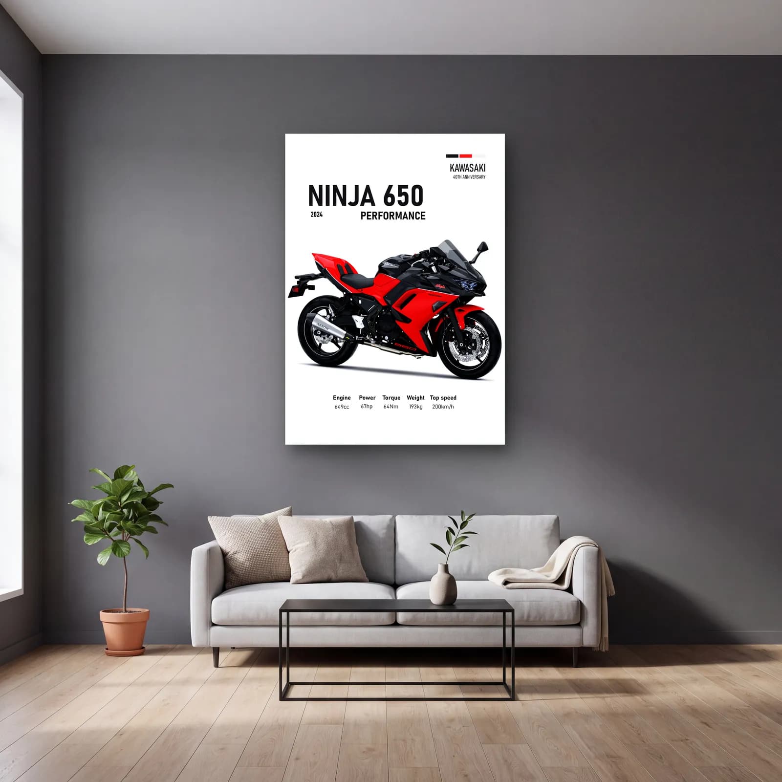 Kawasaki Ninja 650 Performance 2024 Kırmızı cam tablo — gri duvarlı salonda