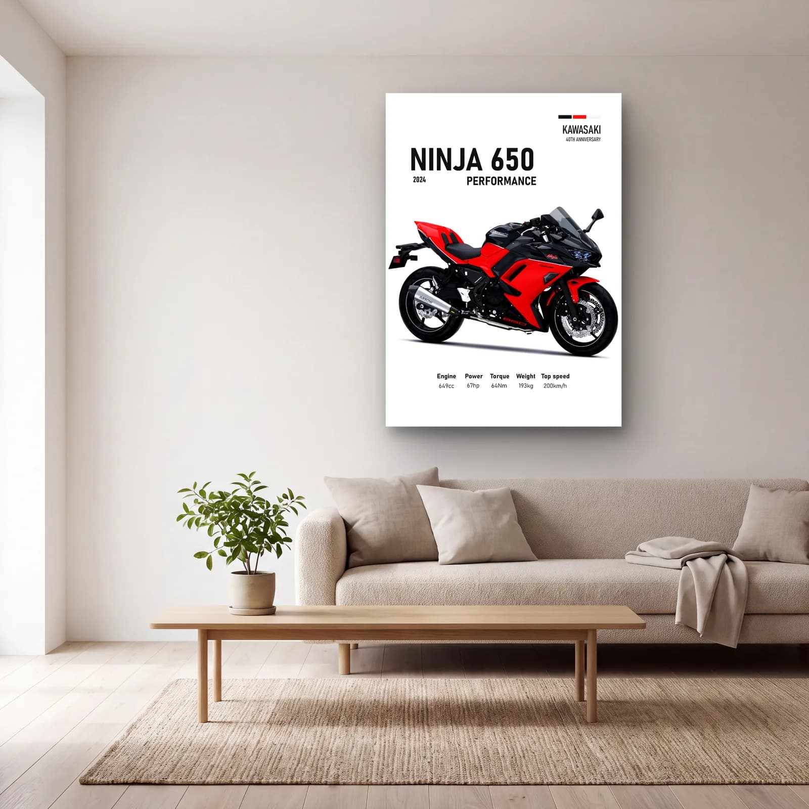 Kawasaki Ninja 650 Performance 2024 Kırmızı cam tablo — açık renk salonda