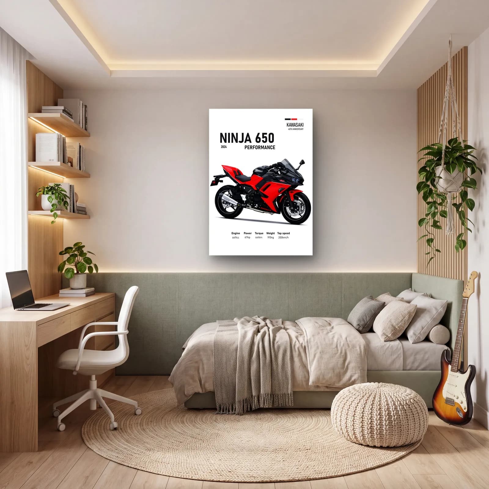 Kawasaki Ninja 650 Performance 2024 Kırmızı cam tablo — genç odasında