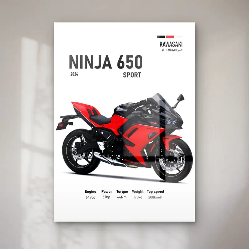 Kawasaki Ninja 650 Sport 2024 Kırmızı cam tablo — Beyaz zeminde kırmızı siyah Kawasaki Ninja 650 Sport 2024 ve teknik veriler