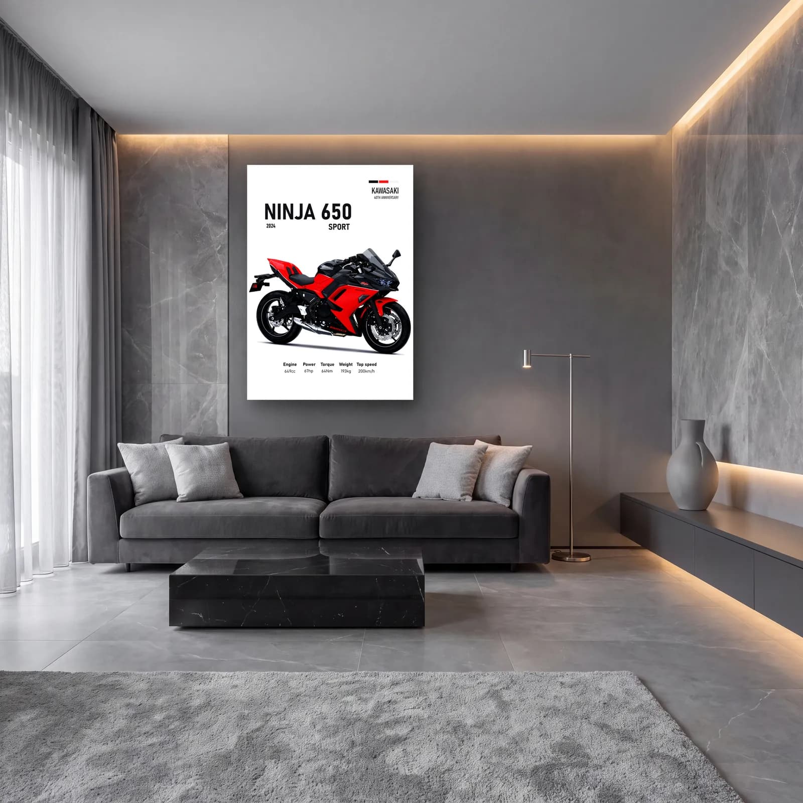 Kawasaki Ninja 650 Sport 2024 Kırmızı cam tablo — lüks salon duvarında