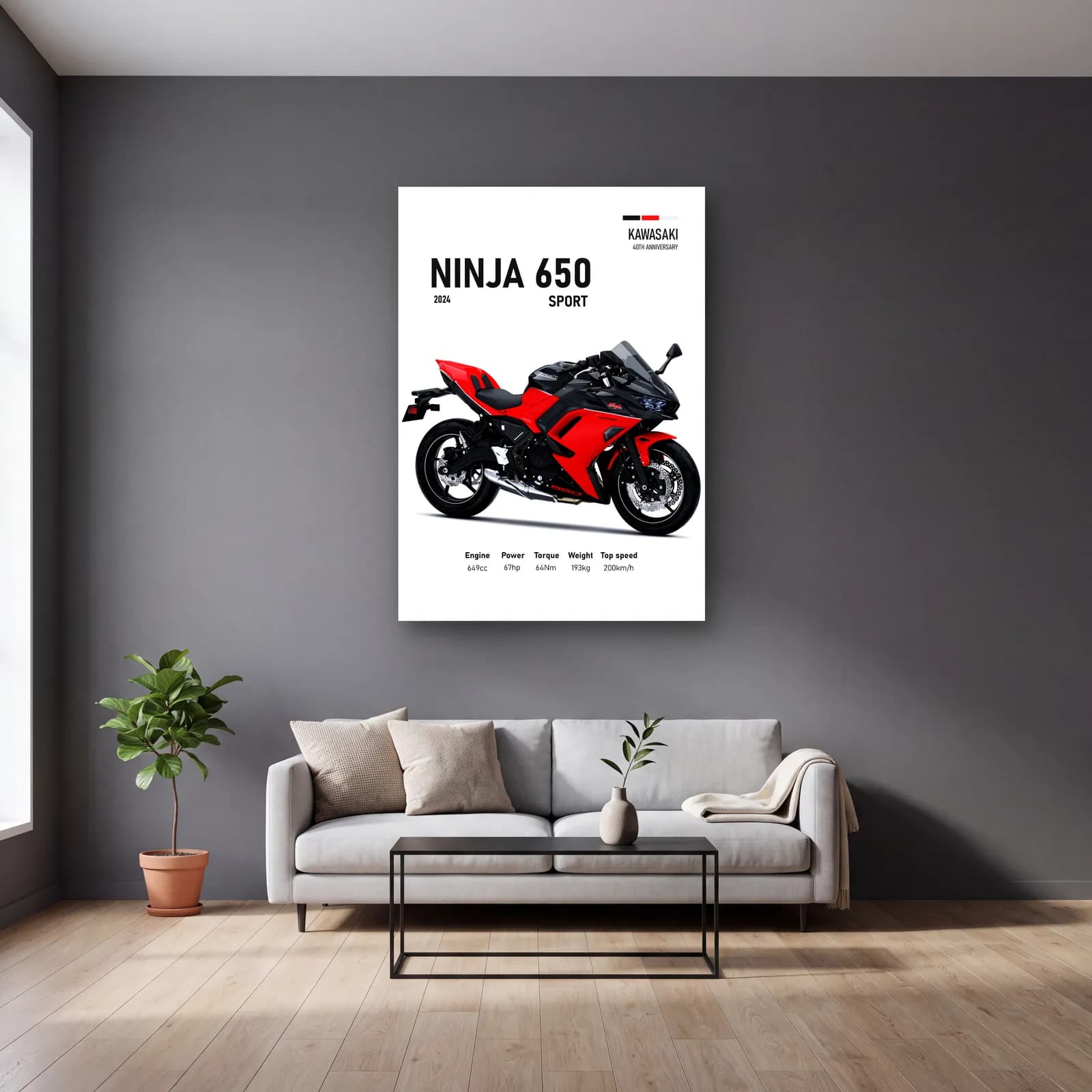 Kawasaki Ninja 650 Sport 2024 Kırmızı cam tablo — gri duvarlı salonda