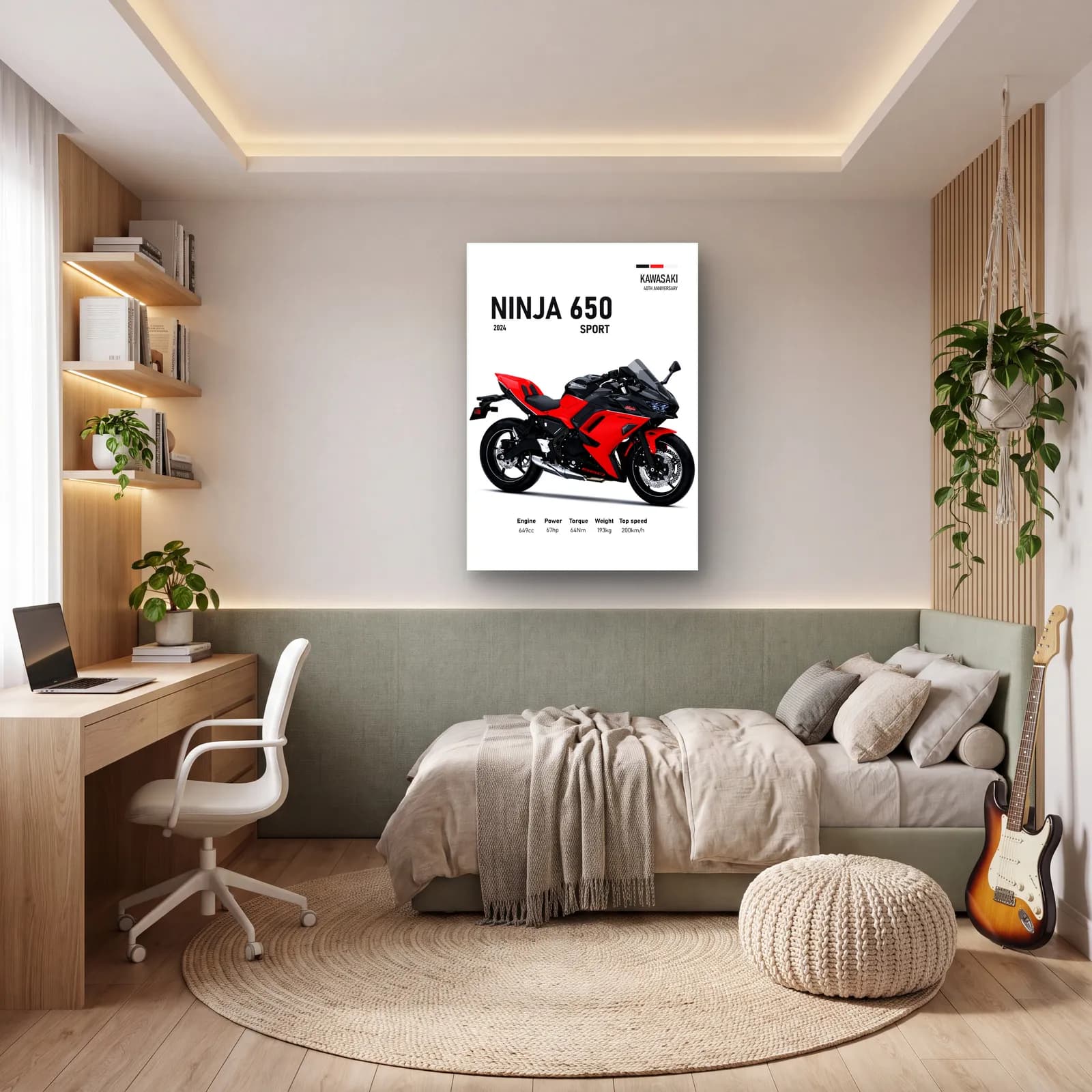 Kawasaki Ninja 650 Sport 2024 Kırmızı cam tablo — genç odasında
