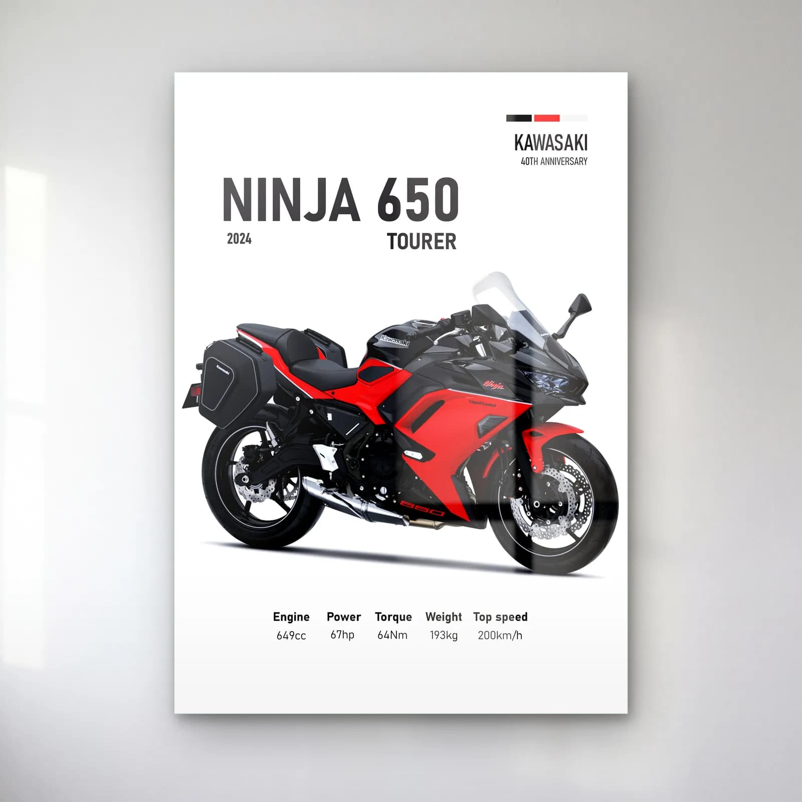 Kawasaki Ninja 650 Tourer 2024 Kırmızı cam tablo — Beyaz zeminde kırmızı siyah Kawasaki Ninja 650 Tourer 2024 ve teknik veriler