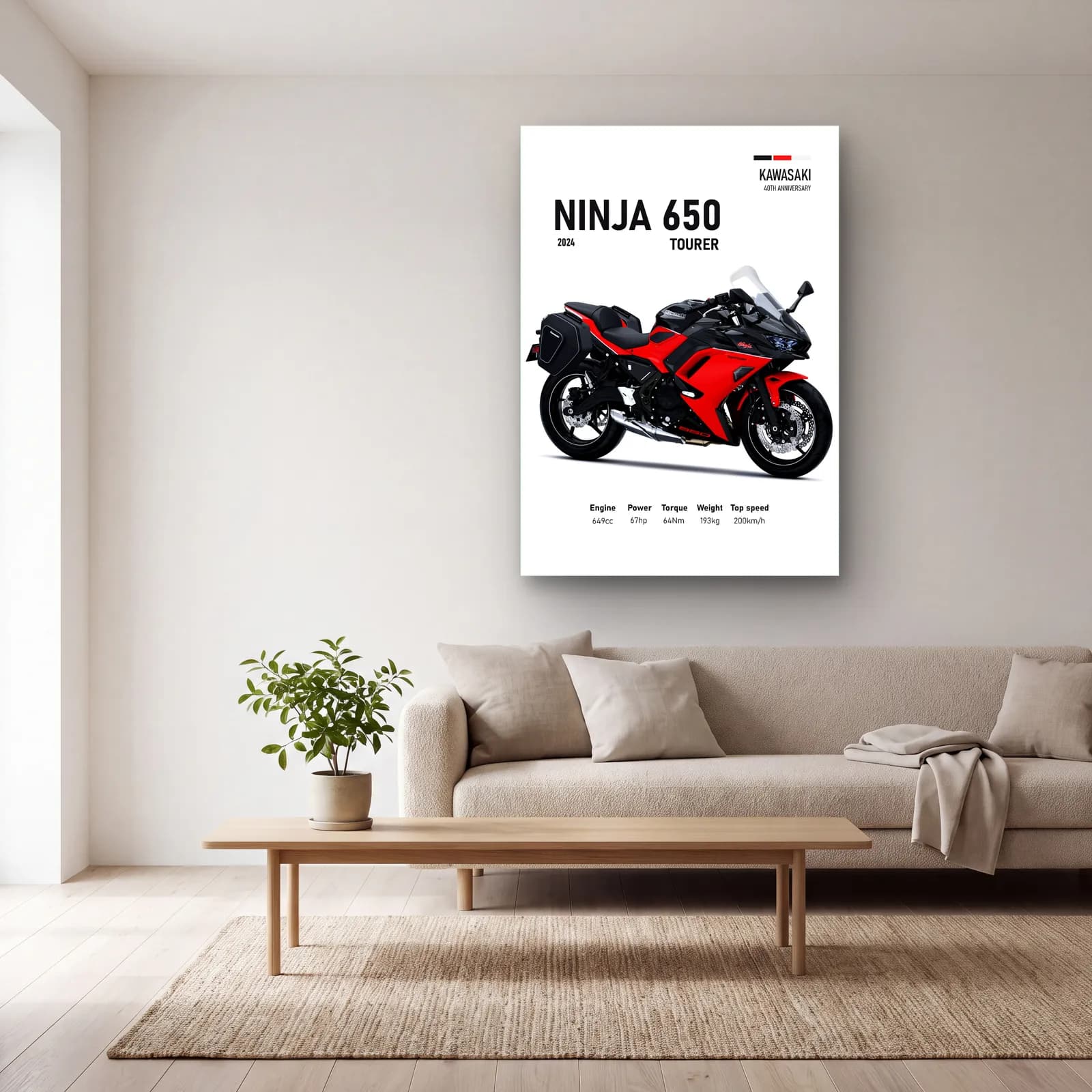 Kawasaki Ninja 650 Tourer 2024 Kırmızı cam tablo — açık renk salonda