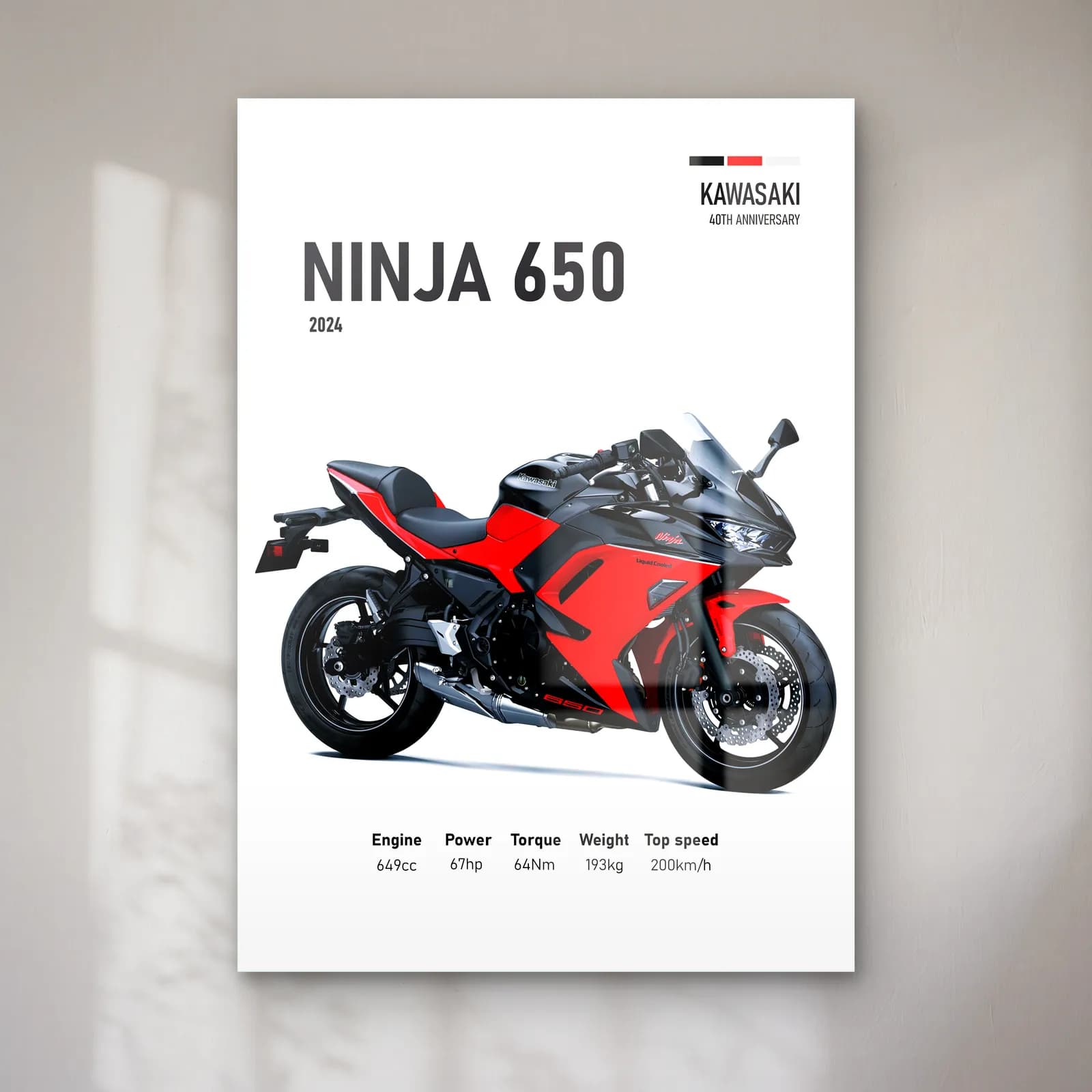 Kawasaki Ninja 650 2024 Kırmızı cam tablo — Beyaz zeminde kırmızı siyah Kawasaki Ninja 650 2024 ve teknik veriler