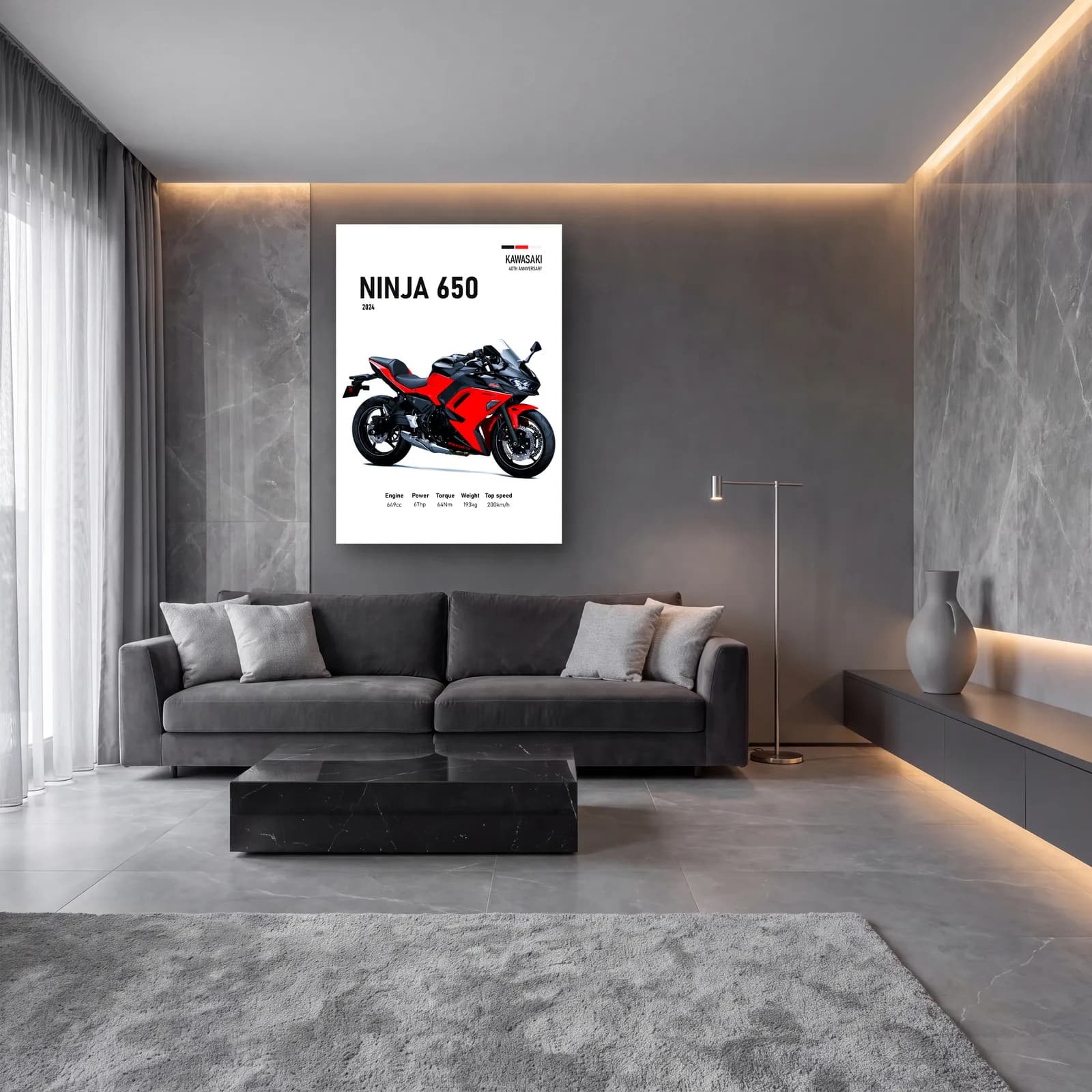 Kawasaki Ninja 650 2024 Kırmızı cam tablo — lüks salon duvarında