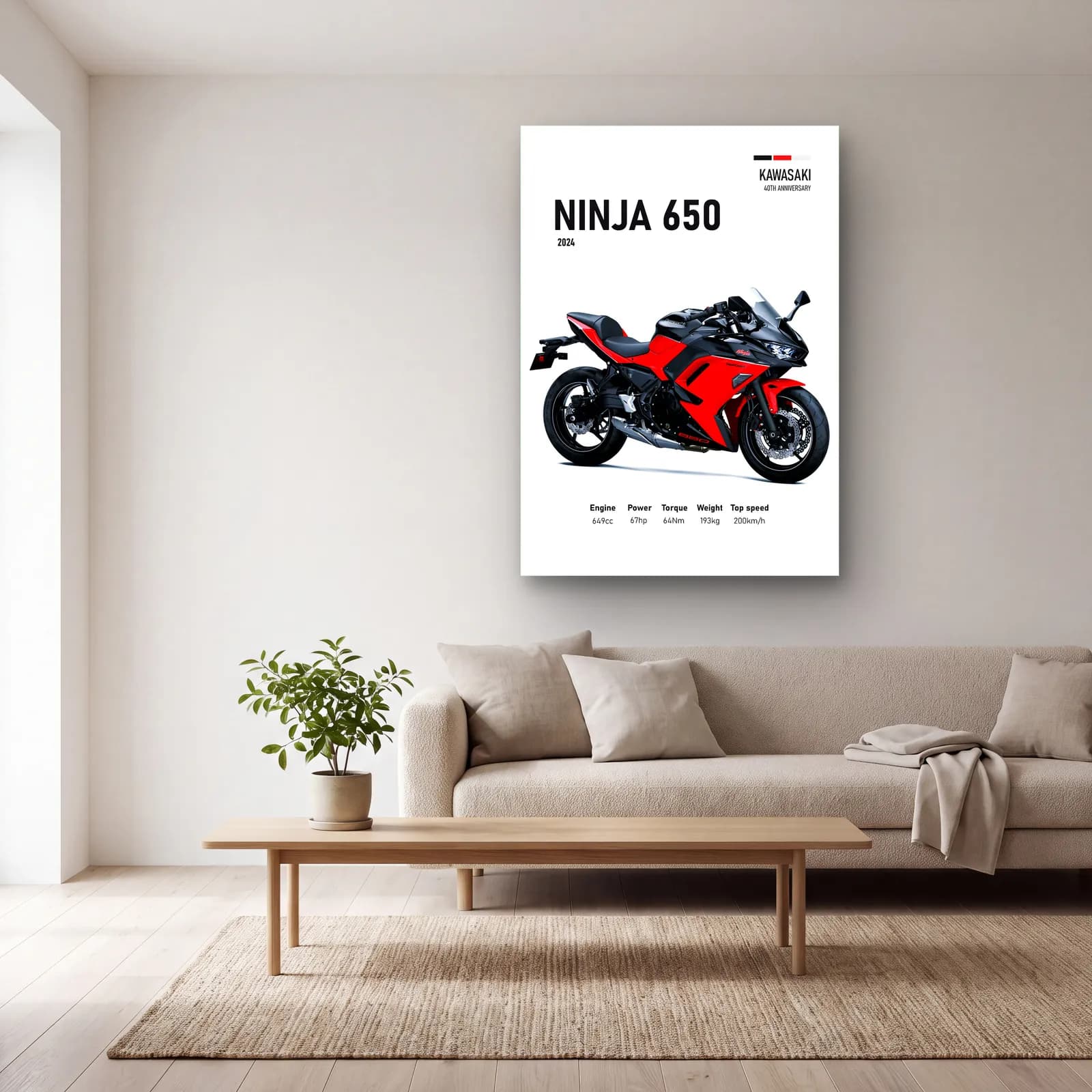 Kawasaki Ninja 650 2024 Kırmızı cam tablo — açık renk salonda