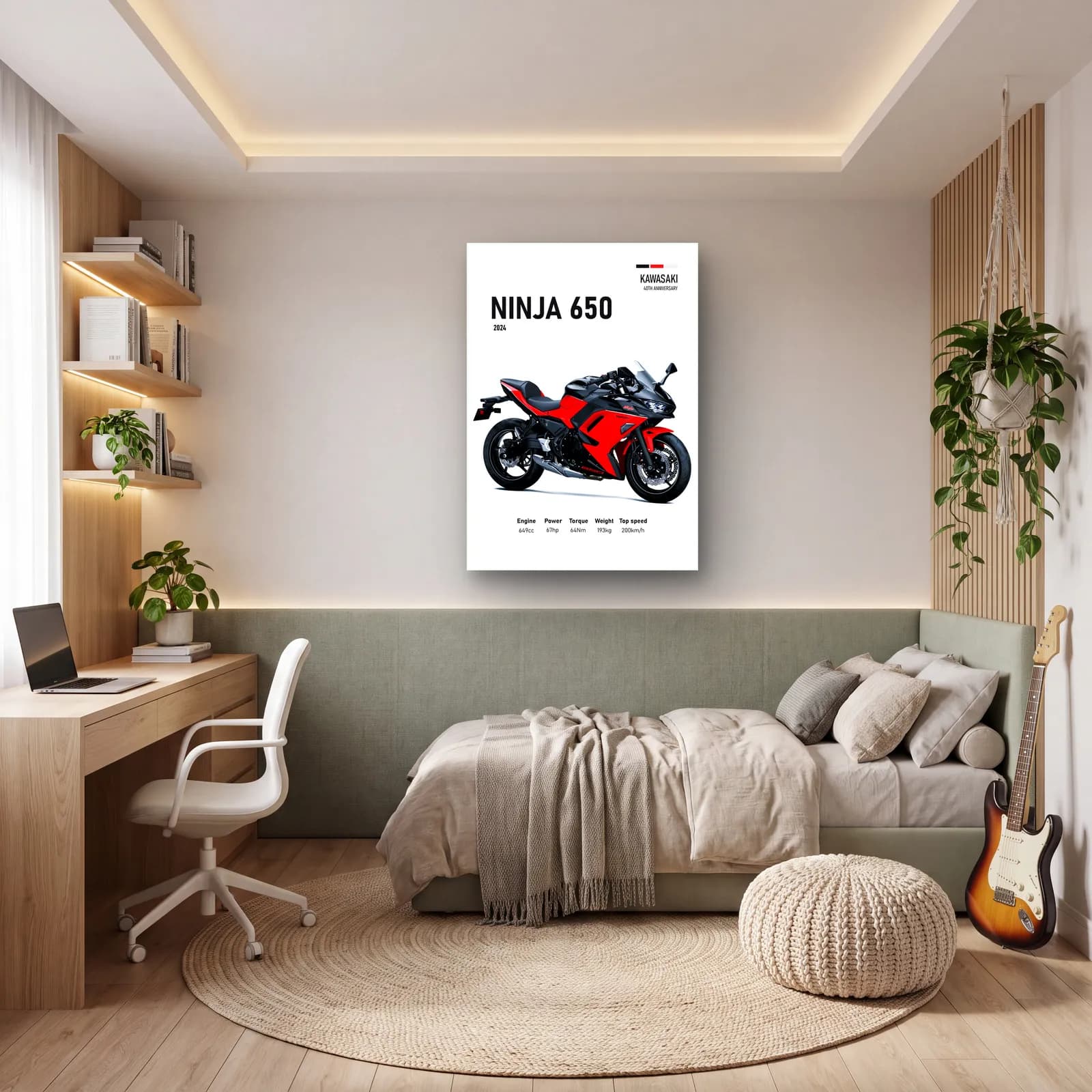 Kawasaki Ninja 650 2024 Kırmızı cam tablo — genç odasında