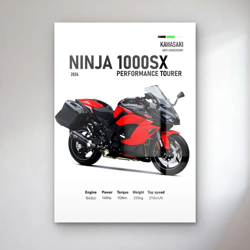 Ninja 1000SX Performance Tourer 2024 Kırmızı cam tablo — Beyaz zeminde kırmızı siyah Kawasaki Ninja 1000SX Performance Tourer 2024 ve teknik veriler