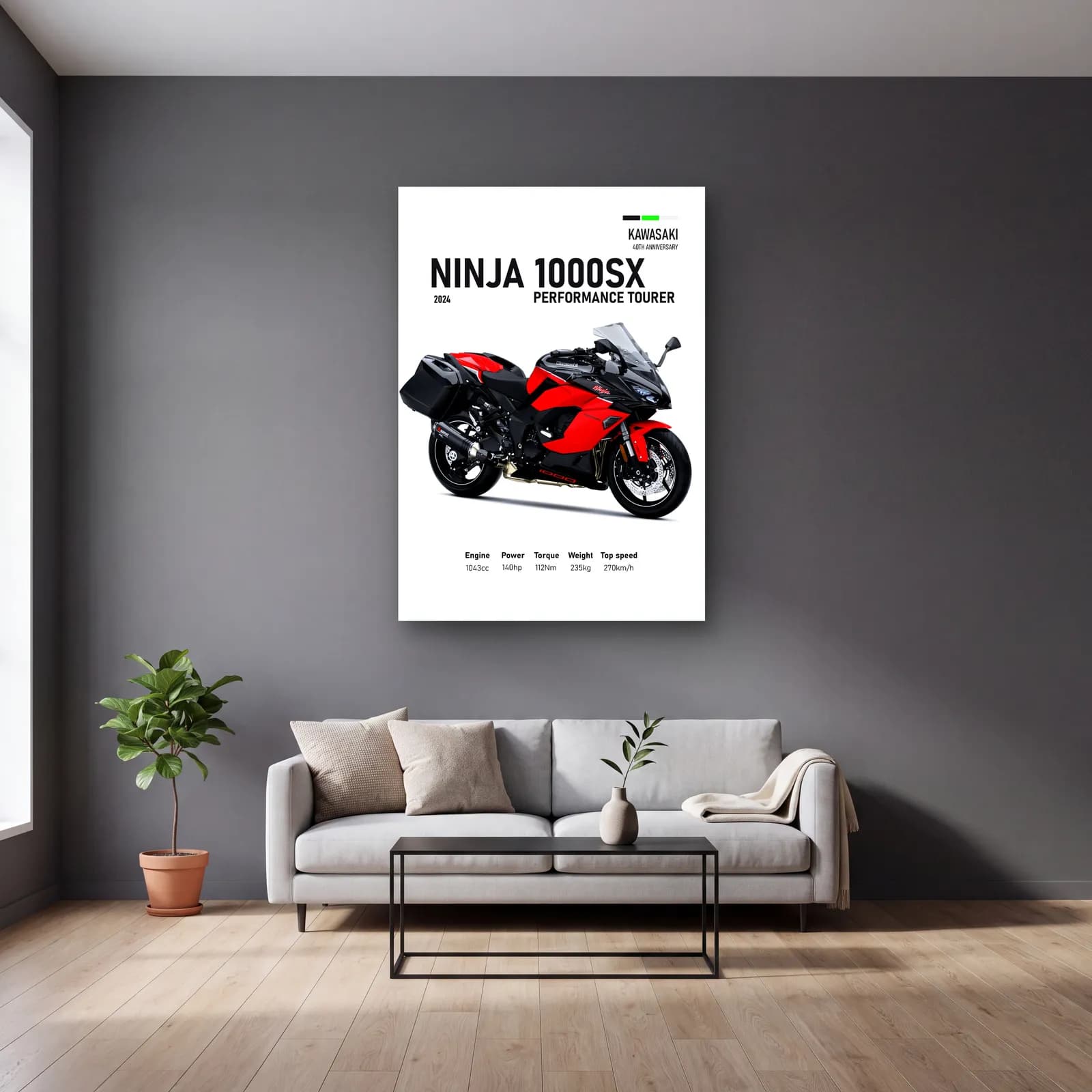 Ninja 1000SX Performance Tourer 2024 Kırmızı cam tablo — gri duvarlı salonda