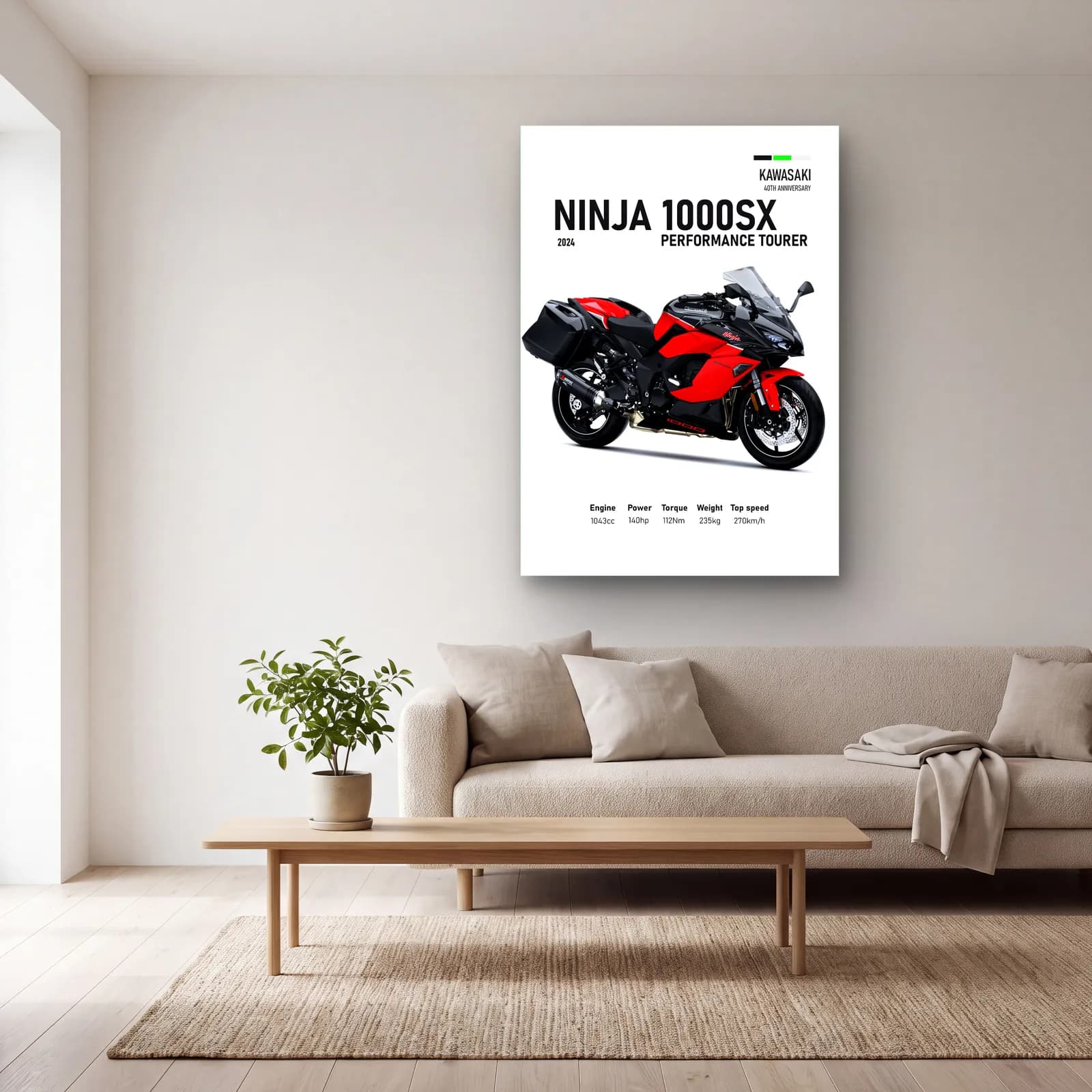 Ninja 1000SX Performance Tourer 2024 Kırmızı cam tablo — açık renk salonda