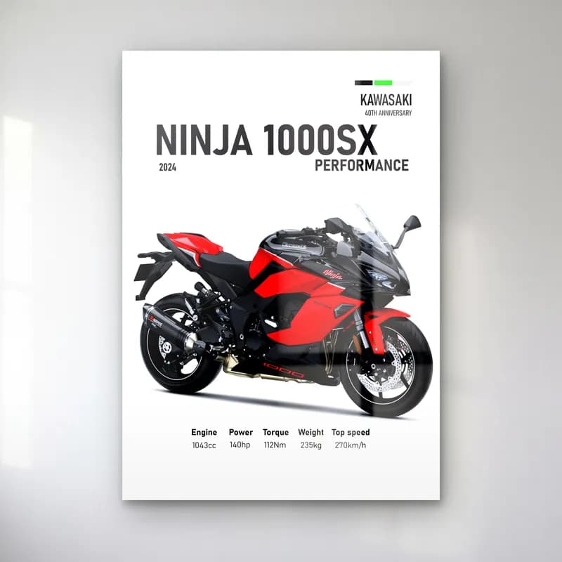 Kawasaki Ninja 1000SX Performance 2024 Kırmızı cam tablo — Beyaz zeminde kırmızı siyah Kawasaki Ninja 1000SX Performance 2024 ve teknik veriler