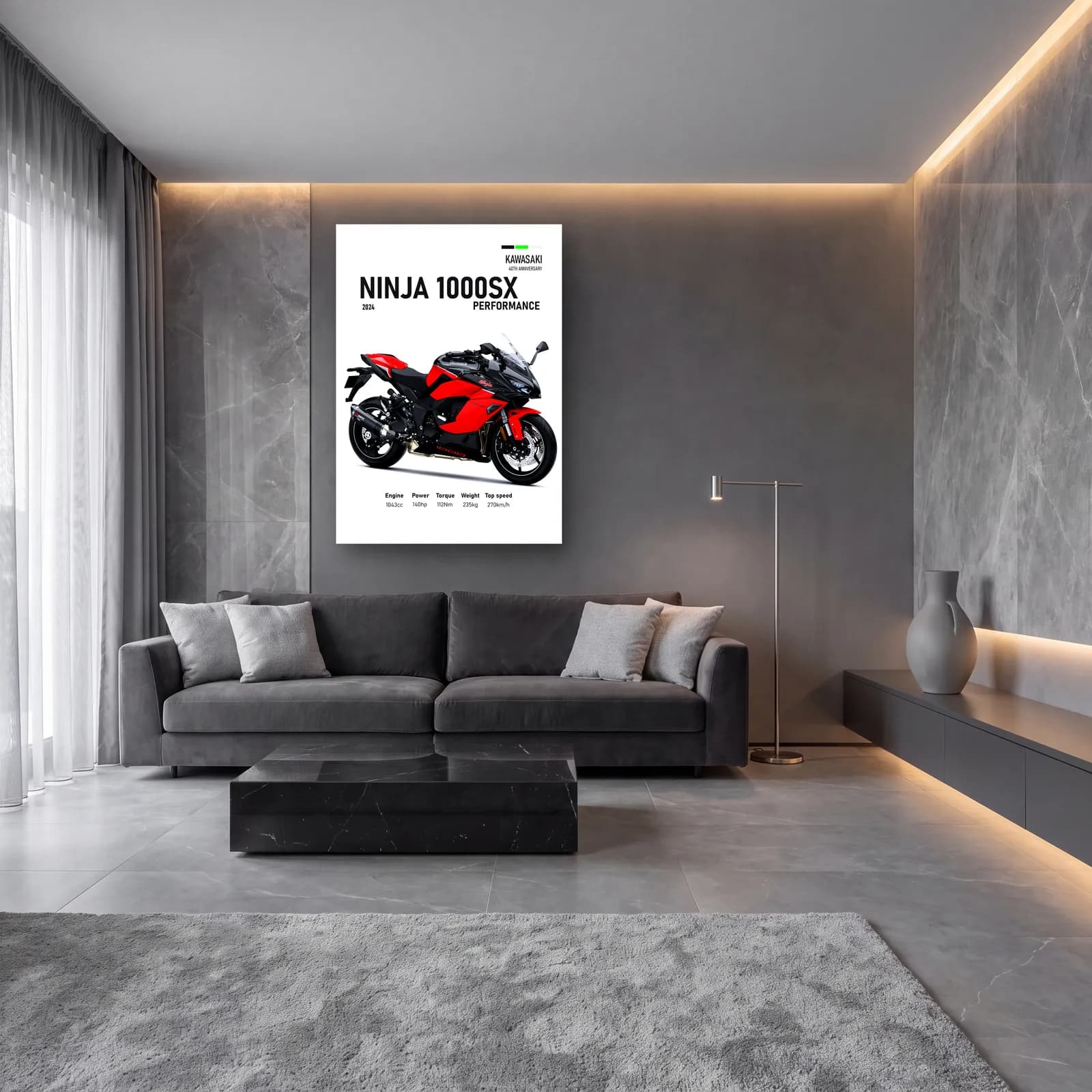 Kawasaki Ninja 1000SX Performance 2024 Kırmızı cam tablo — lüks salon duvarında