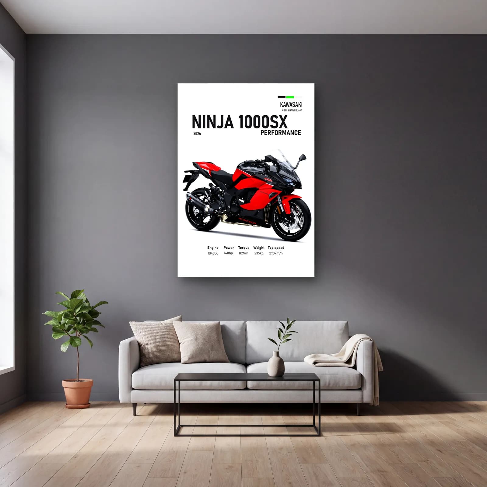 Kawasaki Ninja 1000SX Performance 2024 Kırmızı cam tablo — gri duvarlı salonda
