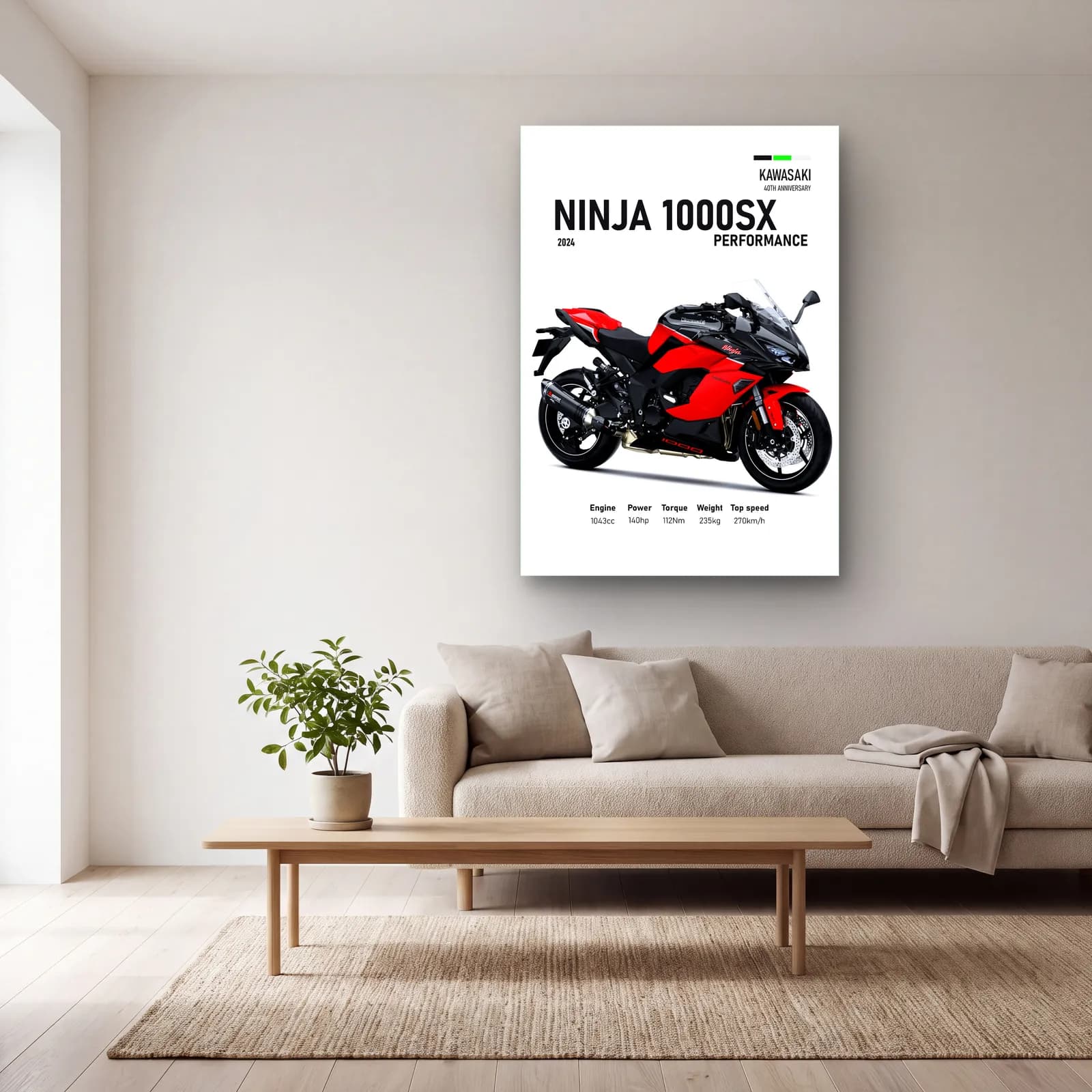 Kawasaki Ninja 1000SX Performance 2024 Kırmızı cam tablo — açık renk salonda