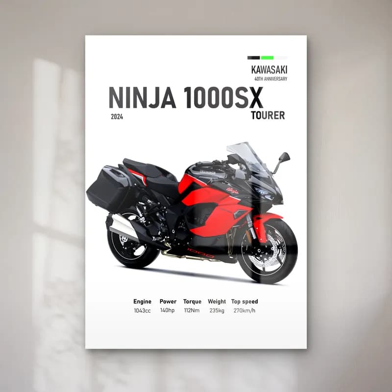 Kawasaki Ninja 1000SX Tourer 2024 Kırmızı cam tablo — Beyaz zeminde kırmızı siyah Kawasaki Ninja 1000SX Tourer 2024 ve teknik veriler