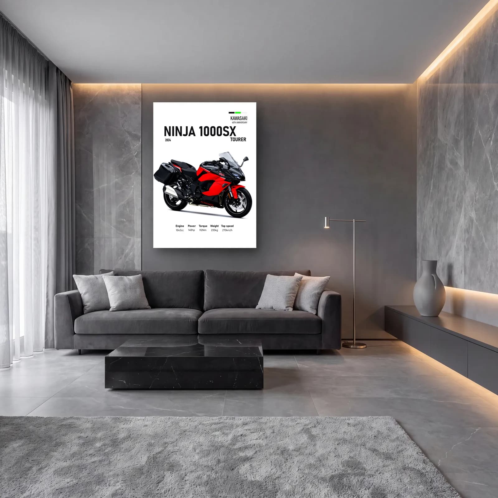 Kawasaki Ninja 1000SX Tourer 2024 Kırmızı cam tablo — lüks salon duvarında