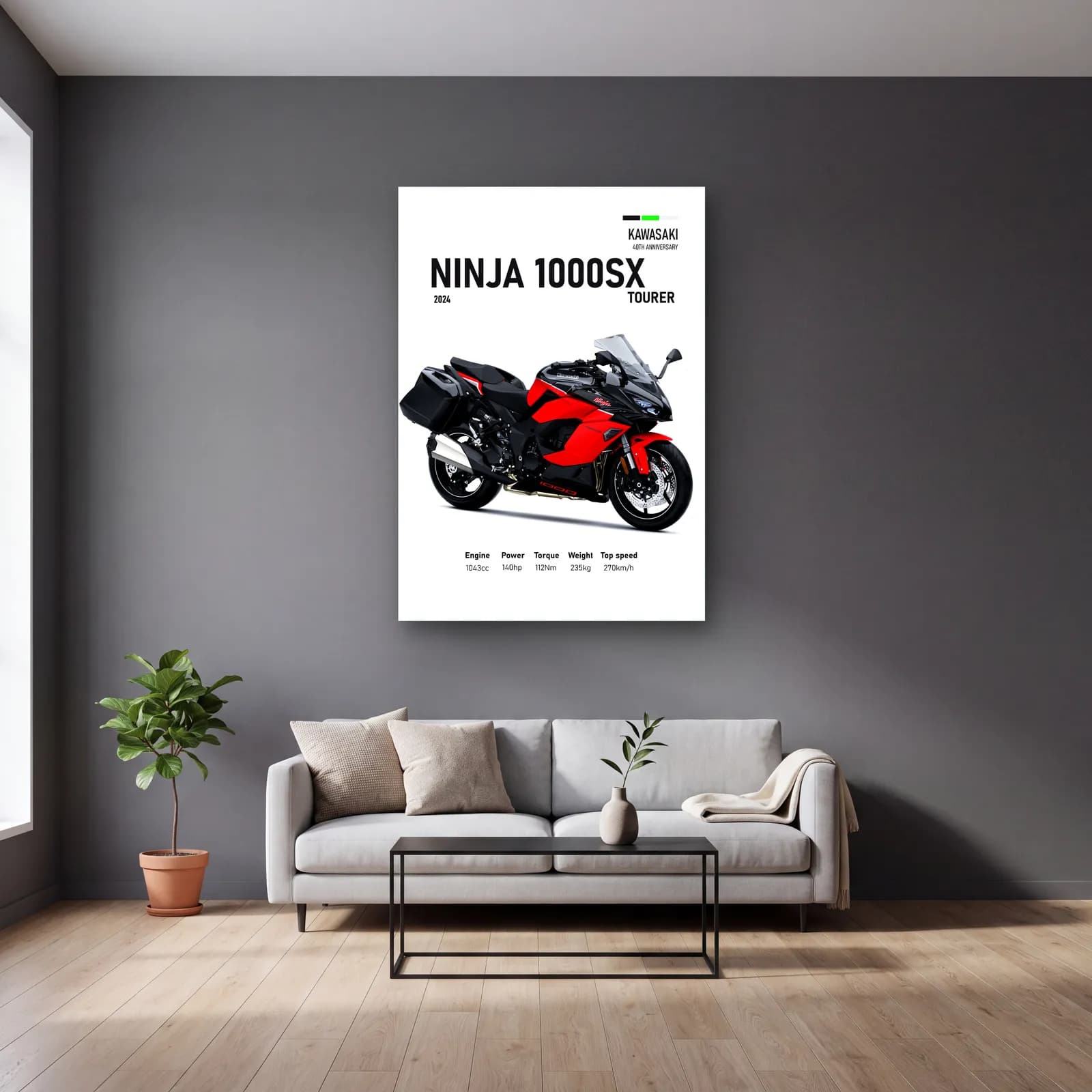 Kawasaki Ninja 1000SX Tourer 2024 Kırmızı cam tablo — gri duvarlı salonda