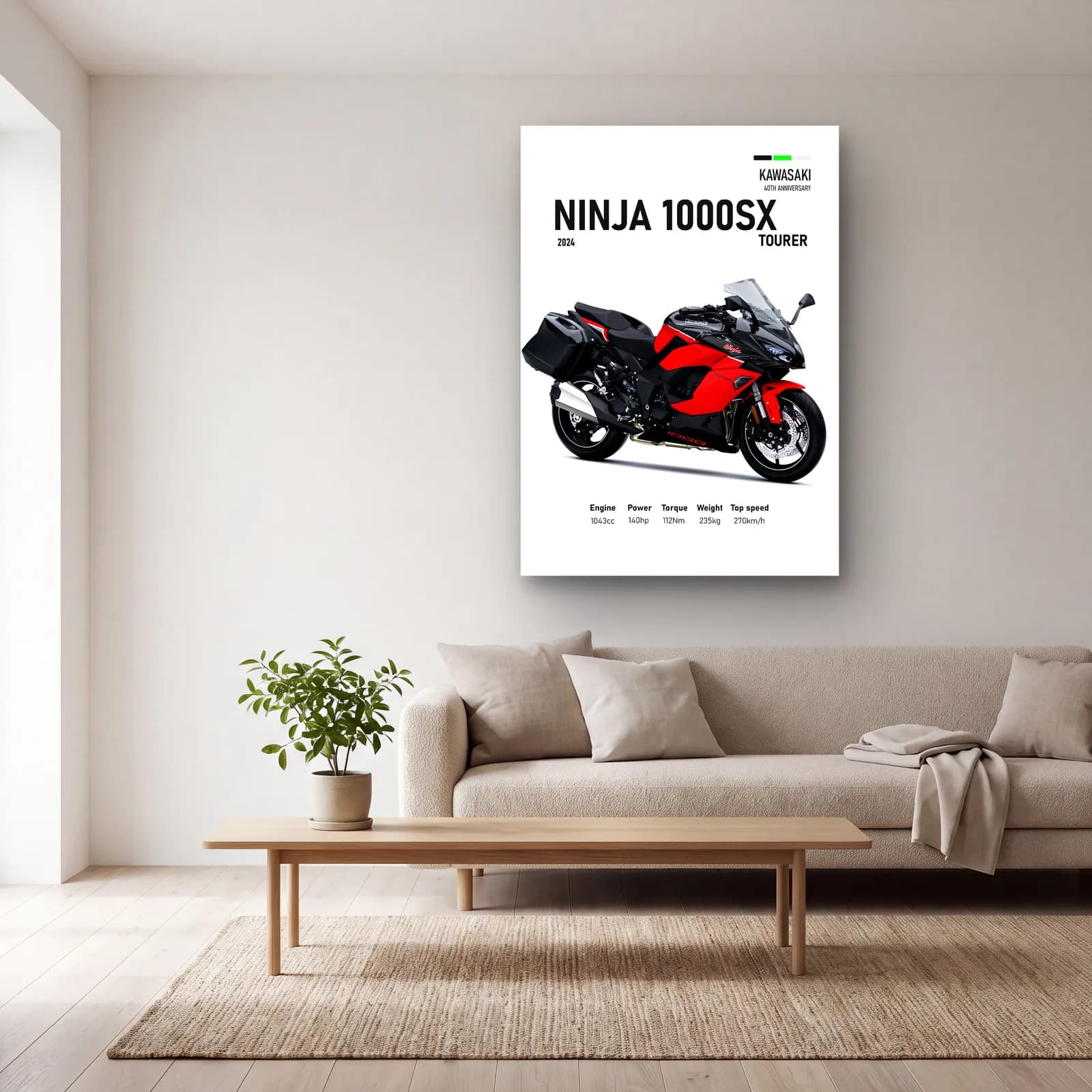 Kawasaki Ninja 1000SX Tourer 2024 Kırmızı cam tablo — açık renk salonda
