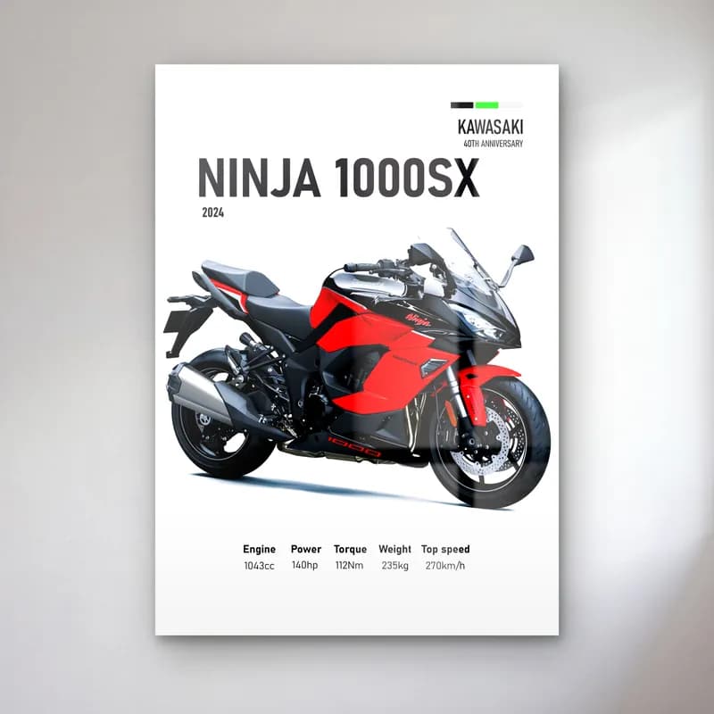 Kawasaki Ninja 1000SX 2024 Kırmızı cam tablo — Beyaz zeminde kırmızı siyah Kawasaki Ninja 1000SX 2024 ve teknik veriler