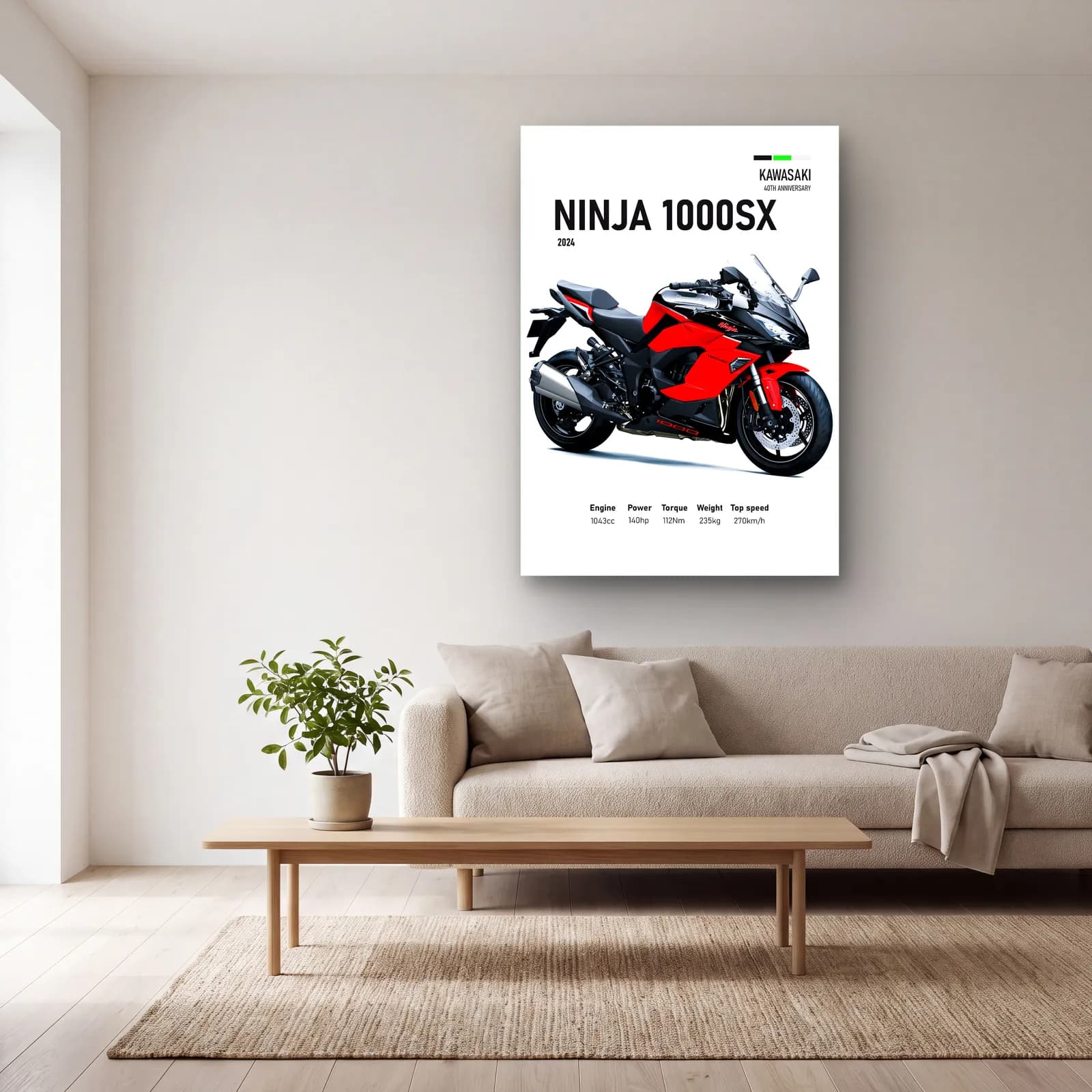 Kawasaki Ninja 1000SX 2024 Kırmızı cam tablo — açık renk salonda