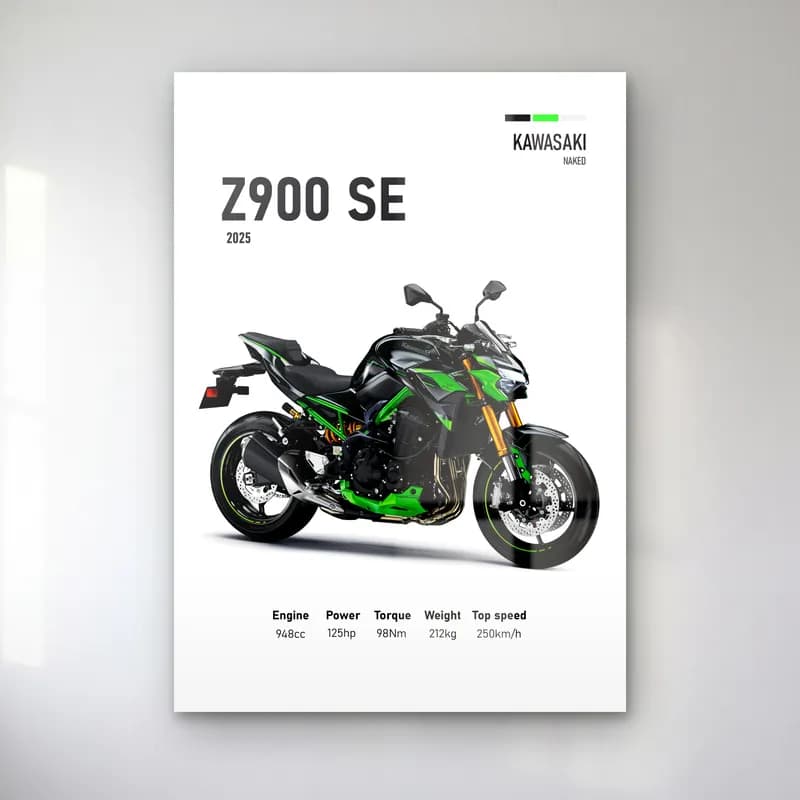 Kawasaki Z900 SE 2025 cam tablo — Beyaz zeminde siyah yeşil Kawasaki Z900 SE 2025 ve teknik veriler